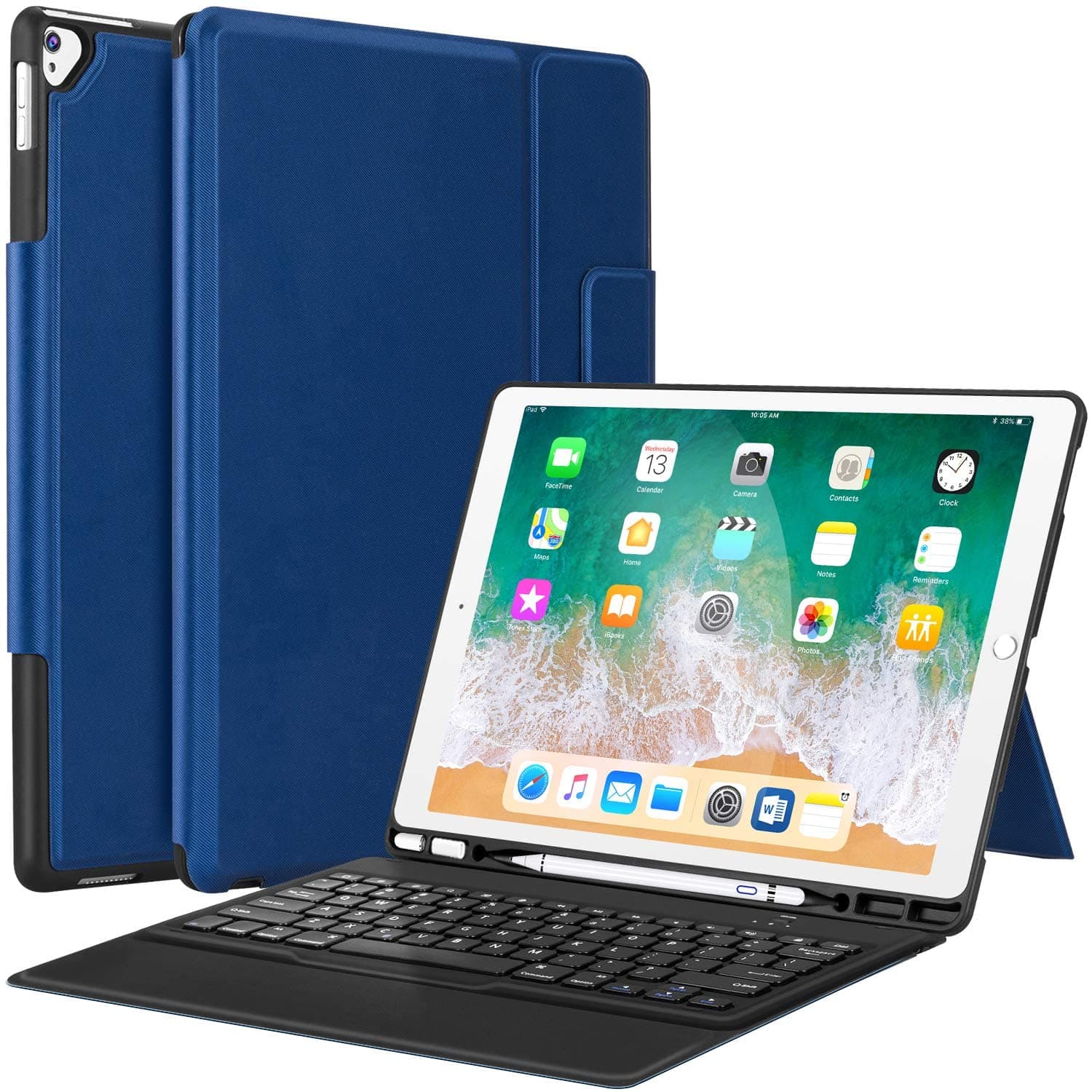for iPad Pro 12.9 Case with Keyboard Compatible for iPad Pro 12.9" 2015/2017, Ultra-Thin PU Leather Silicon Rugged Shock Keyboard Stand Case with Pencil Holder (Not Fit for 2018 iPad)-Blue
