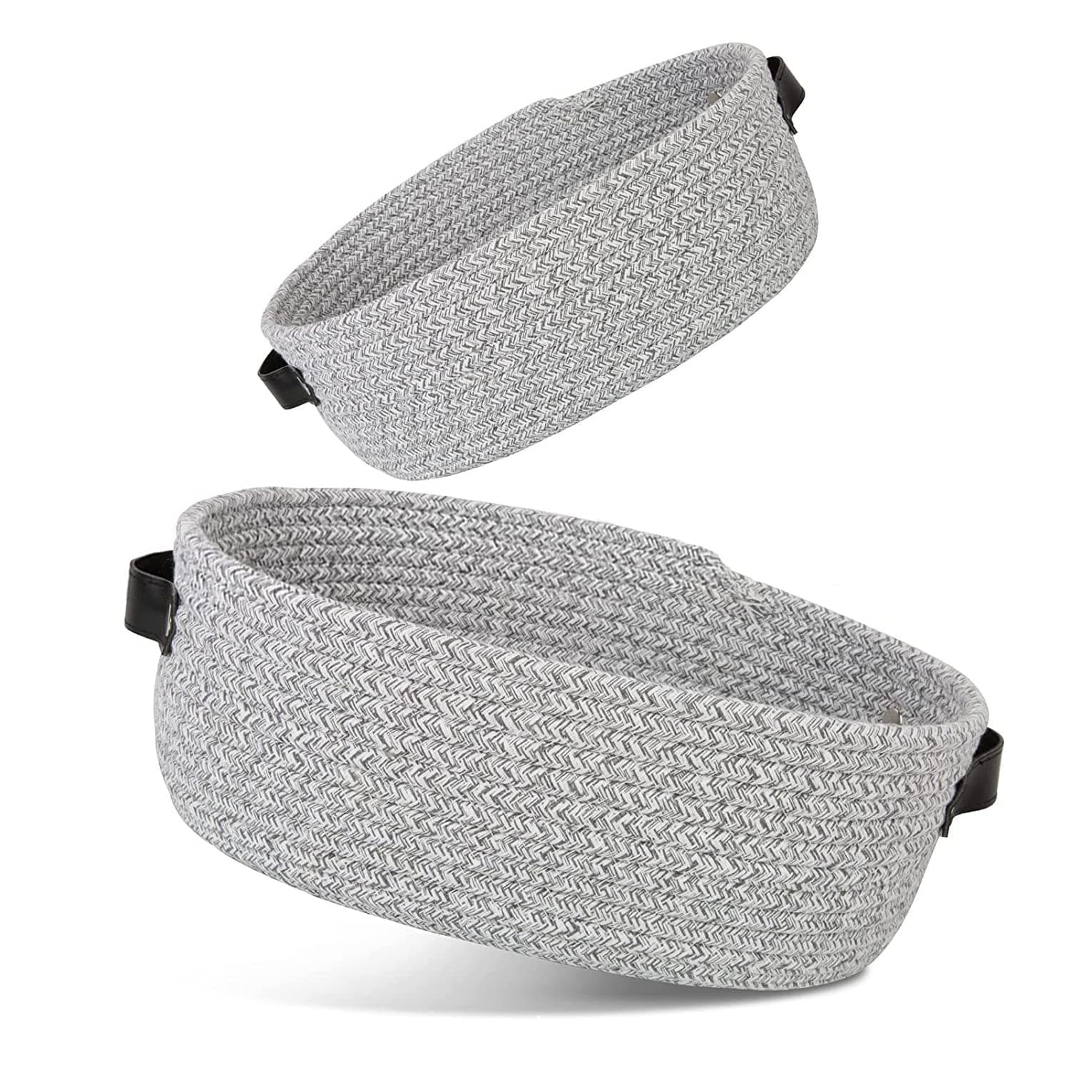 Small Woven Basket for Storage Oval Rope Coil Baskets with Handle Mini Cotton Basket Little Organizer Bins Boho Hamper Nursery Room for Kids Baby Dog Toy Gifts 35x26x12cm, 1 Pack (Grey)