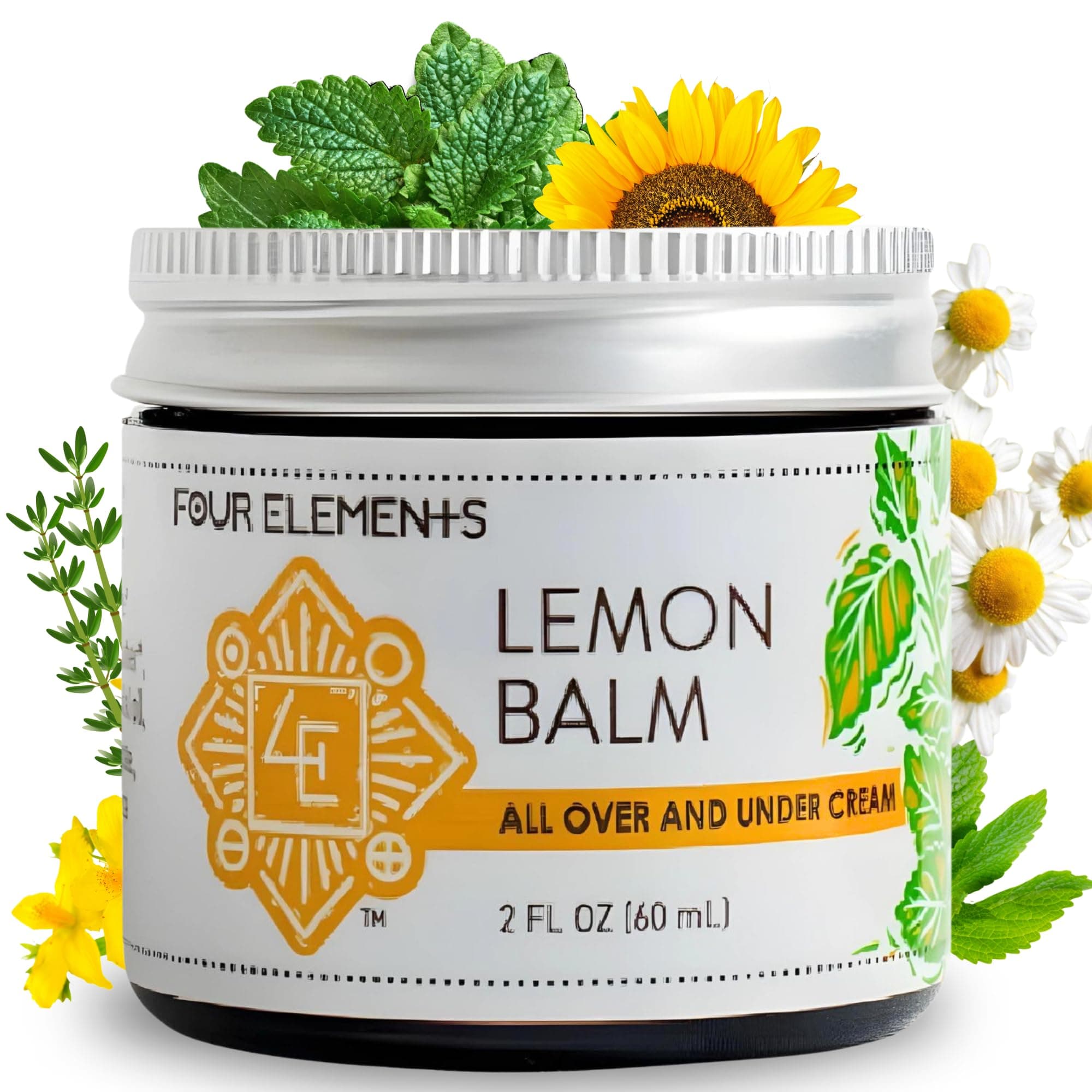 Four Elements Lemon Balm Face Moisturizer Cream - 2 Oz | Herbal Face Cream with Organic Lemon Balm, Chamomile, Shea Butter & Vitamin E | Body Hydrating Moisturizer Beauty Essential