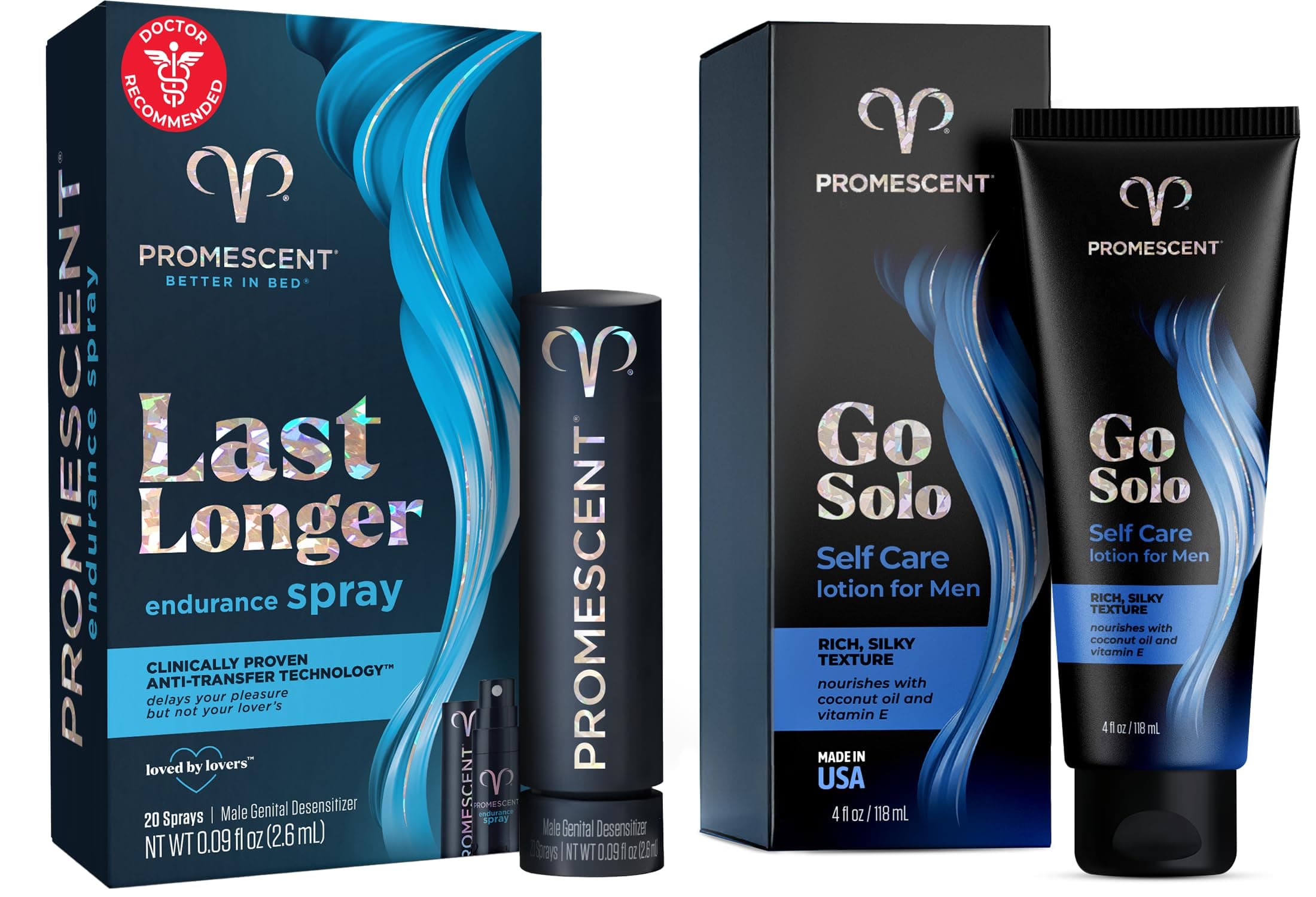 Promescent Desensitizing Delay Spray for Men Clinically Proven to Help You Last Longer in Bed + Go Solo Lotion for Men, Natural Unscented Moisturizing Ingredients with Coconut Oil and Sweet Almond Oil