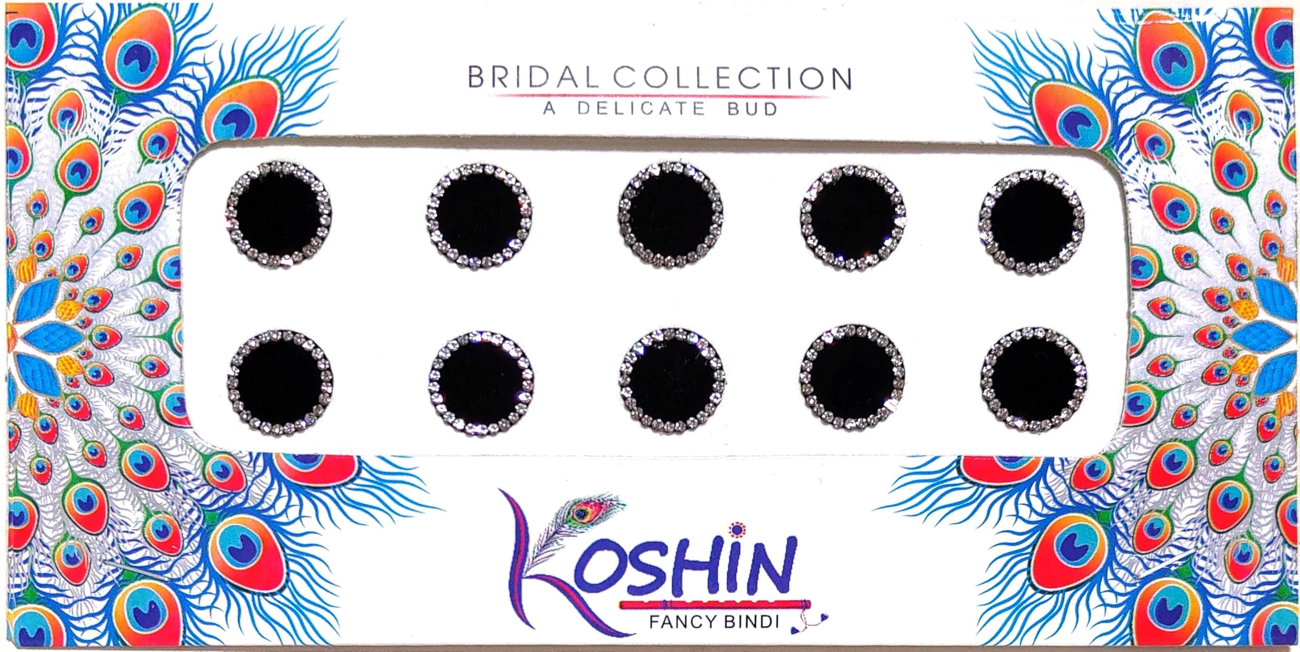KOSHIN Black White Rhinestone Round Shape Large Size (Per Bindi Height 1.5cm x Width 1.5cm) Forehead Fancy Stone Bindi For Girls Women Ladies (Black Stone Bindi)