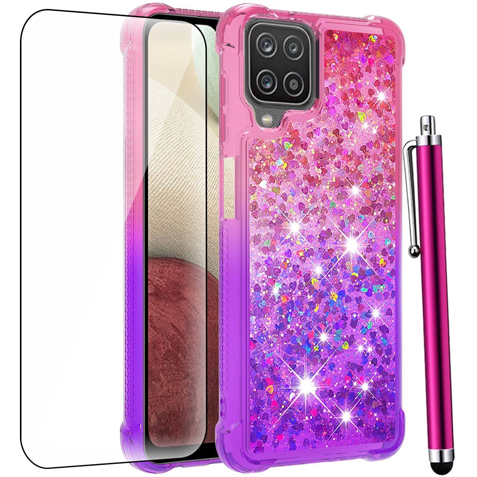 for Samsung Galaxy A12 Case with Tempered Glass Screen Protector,Women Girls Glitter Bling Floating Liquid Cute Soft TPU Shockproof Protective Phone Cover for Samsung Galaxy A12-Pink/Purple