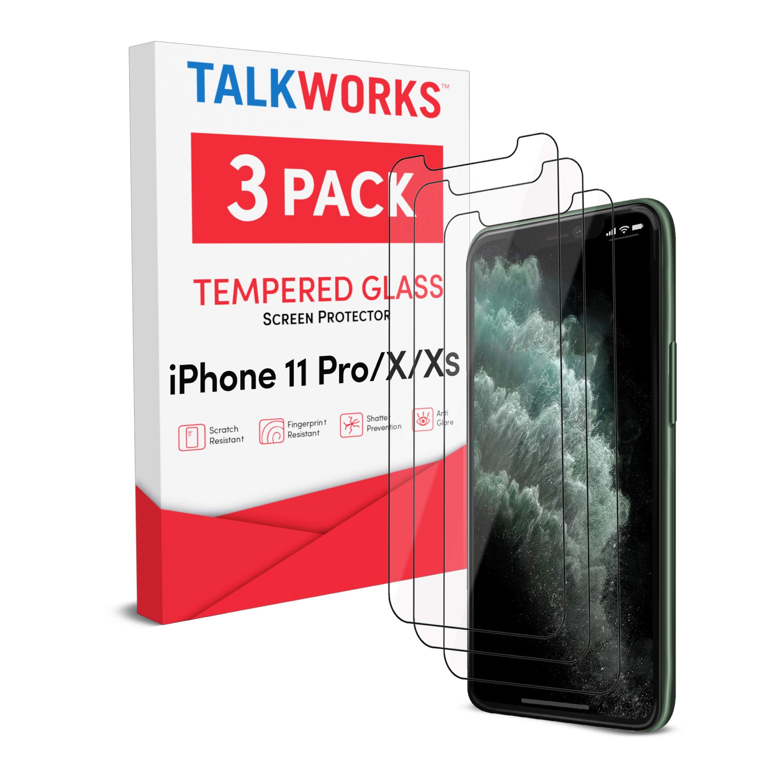 TalkWorks Tempered Glass Screen Protector for iPhone 11 Pro/XS/X - Case Compatible, Anti-Glare, Shatter & Crack Proof, Ultra Thin (Pack of 3)