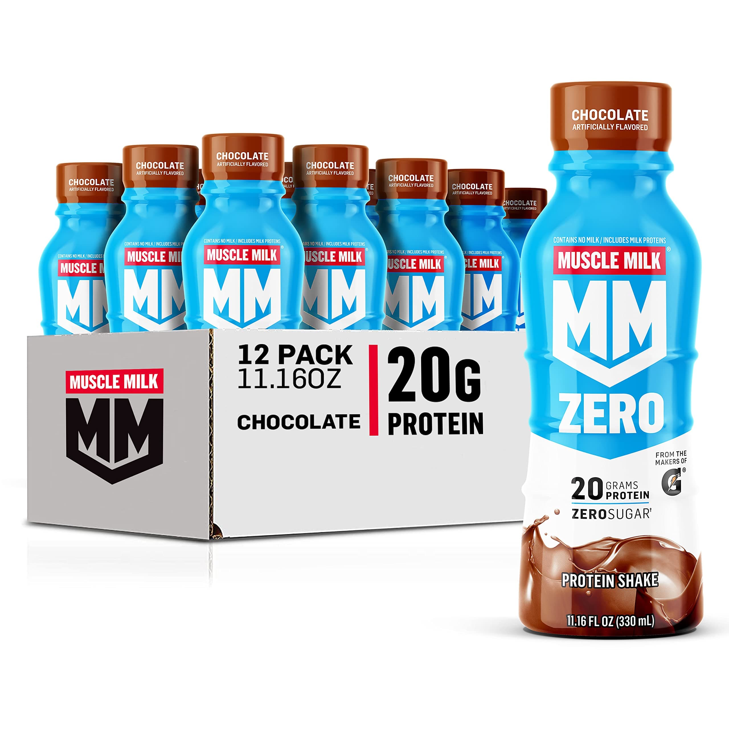 Muscle Milk Zero Protein Shake, Chocolate,20g Protein, Zero Sugar, 100 Calories, Calcium, Vitamins A, C & D, 4g Fiber, Energizing Snack, Workout Recovery, Packaging May Vary,11.16 Fl Oz (Pack of 12)