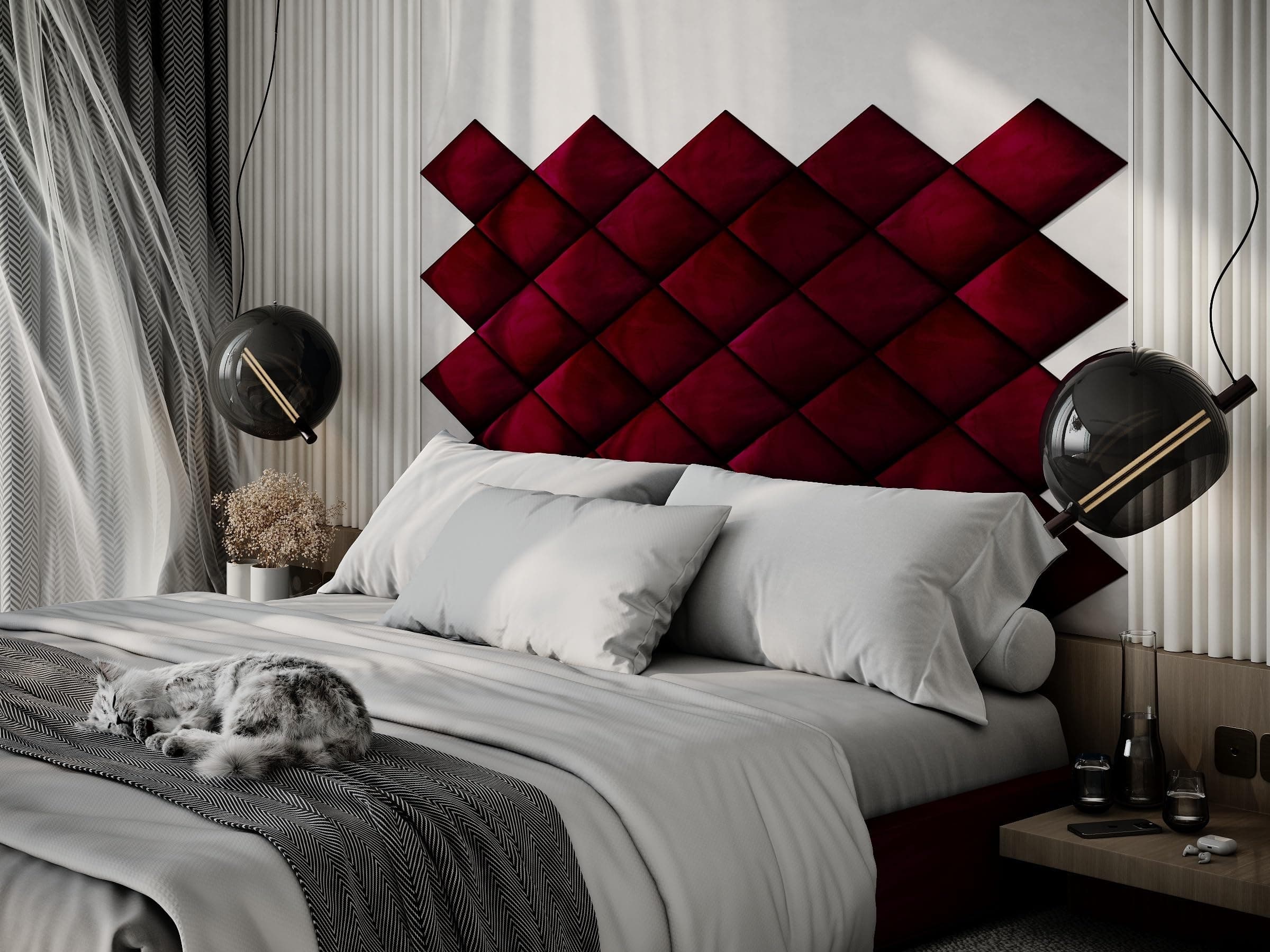 2 Pack — Upholstered Decorative Wall Panels Velvet Headboard Padding | Cushioned Planks | Padded Decor Collision Avoidance | Acoustic Soundproofing Treatment | (Burgundy, 2x Rhombus (25x43cm))