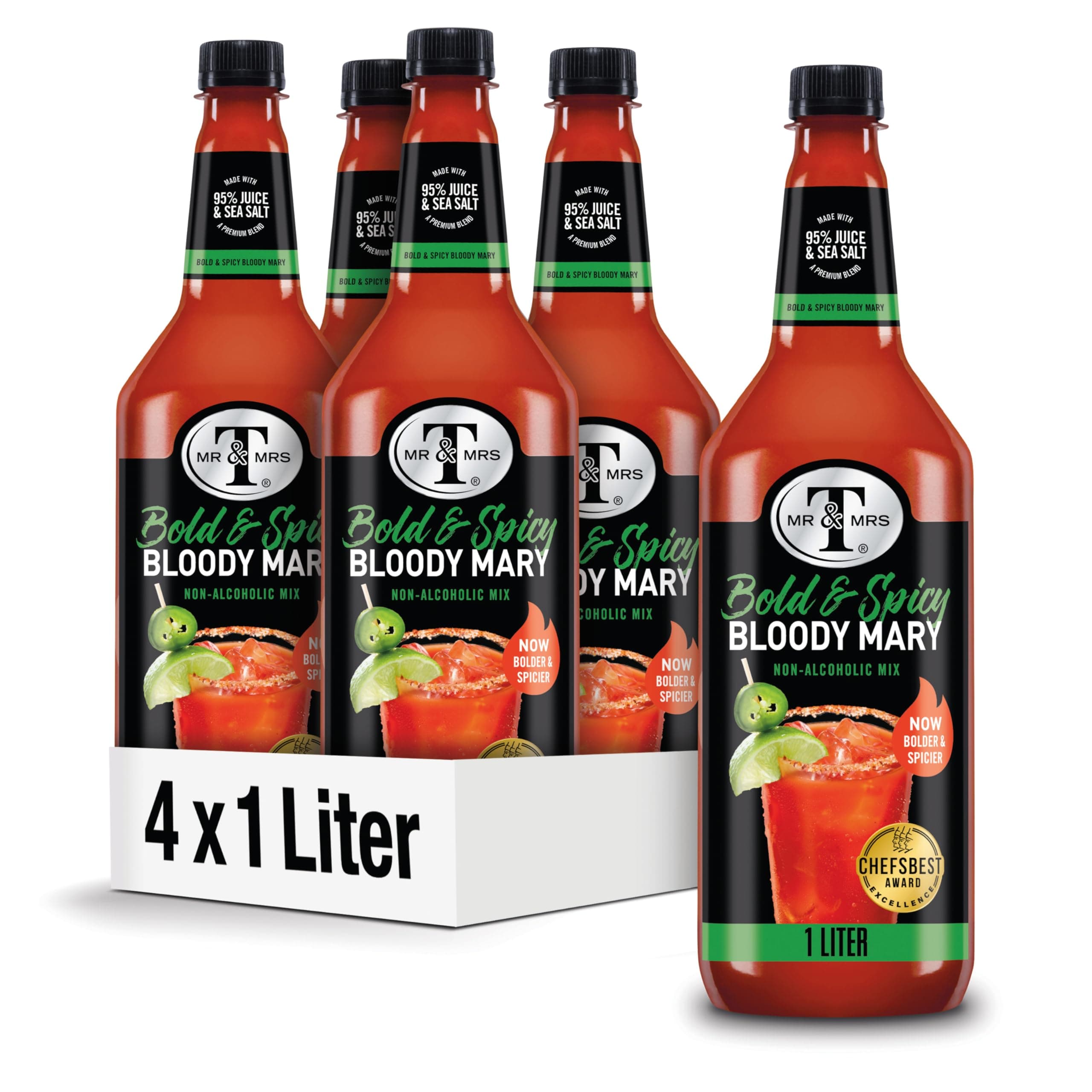 Mr & Mrs T Bold & Spicy Bloody Mary Mix, 1 L bottle (Pack of 4), Spicy Cocktail Juice Mixer, Bold Flavors, Perfect for Bloody Mary and Mocktail Drinks