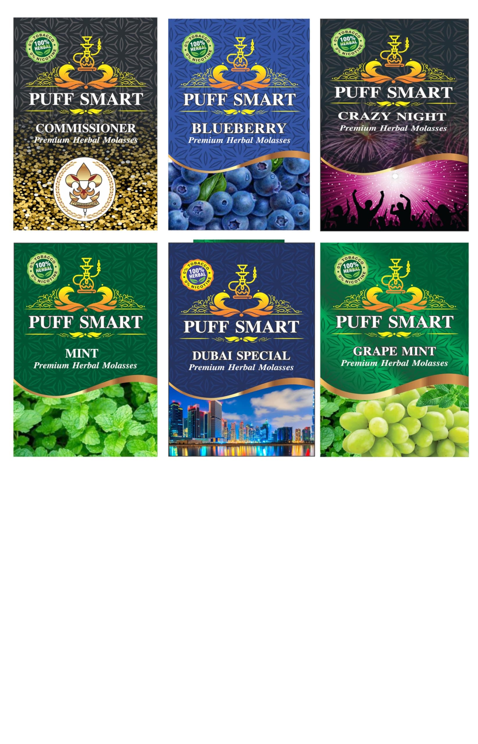 PUFF SMART Blueberry, Dubai Special, Grape Mint, Crazy Night, Comm and Lemon Mint Herbal Molasses (Set of 6) (100% Tobacco and Nicotine Free)