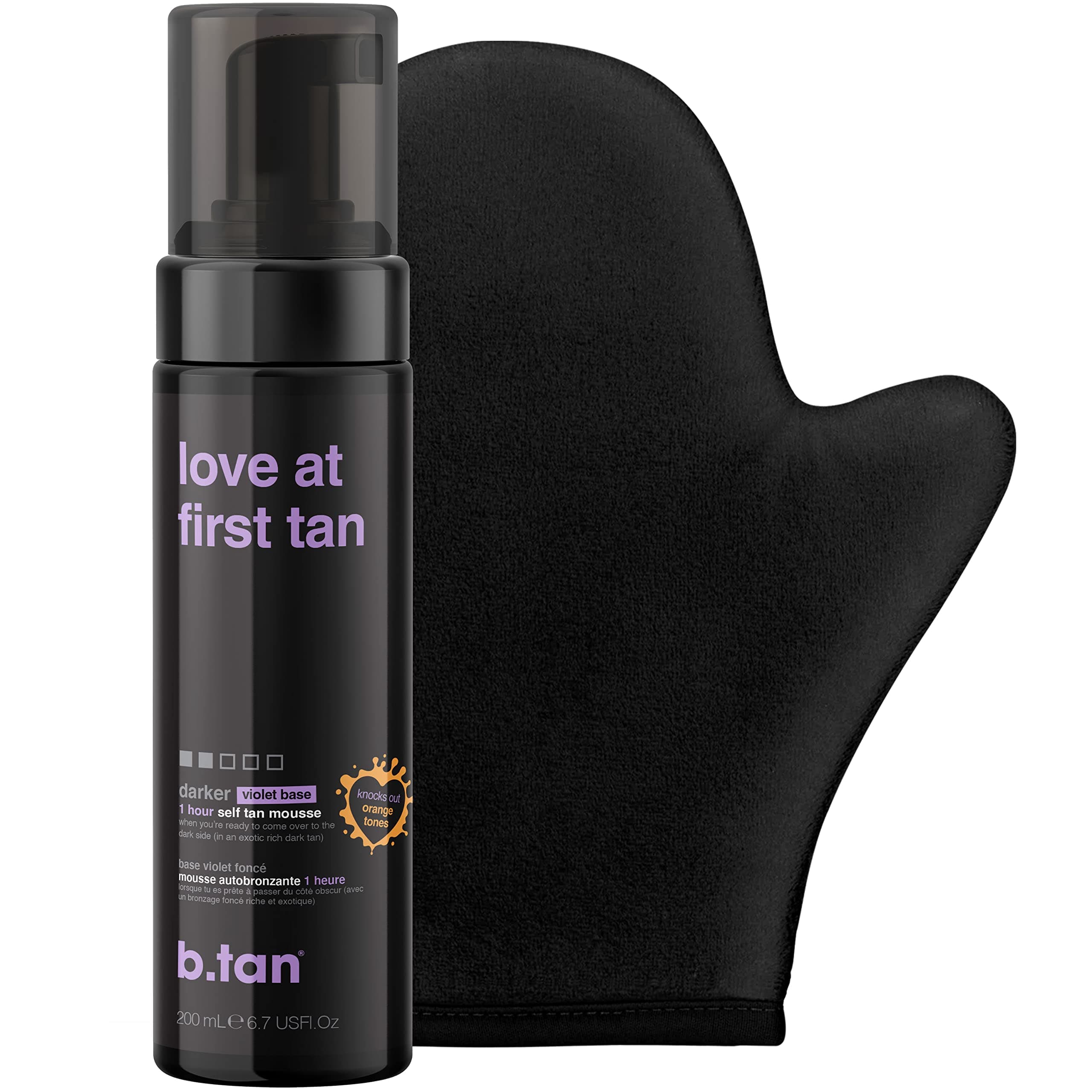 b.tan Violet Self Tanner Kit | Fall In Love at First Tan Bundle - Dark Tanning Mousse with Mitt Applicator, 1 Hour Express, Best Bronzing Glow, No Orange Tones or Fake Tan Smell, Vegan, 6.7 Fl Oz