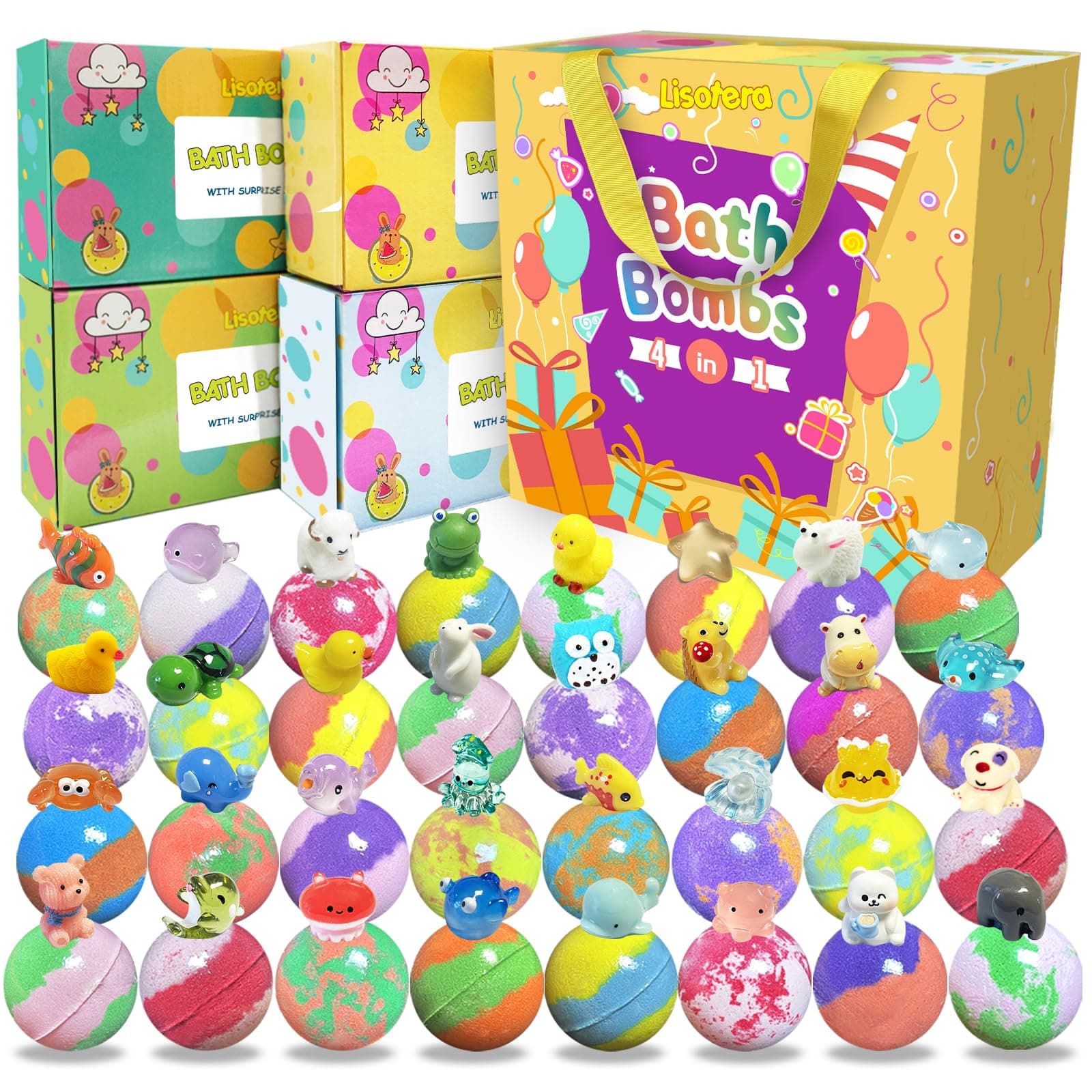 Bath Bombs for Kids Surprise Inside 32 Pack Bath Bombs with Land and Sea Animal Toys, Bath Ball Gift Set for Kids with Bubbles Colo