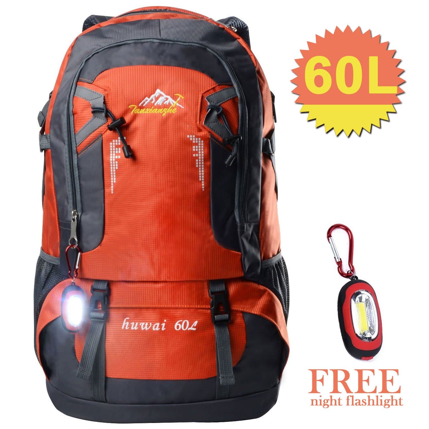 60L Waterproof Backpacks with a hooked Night Light for Hiking Camping Travel mountaineering Climbing(orange 60L)