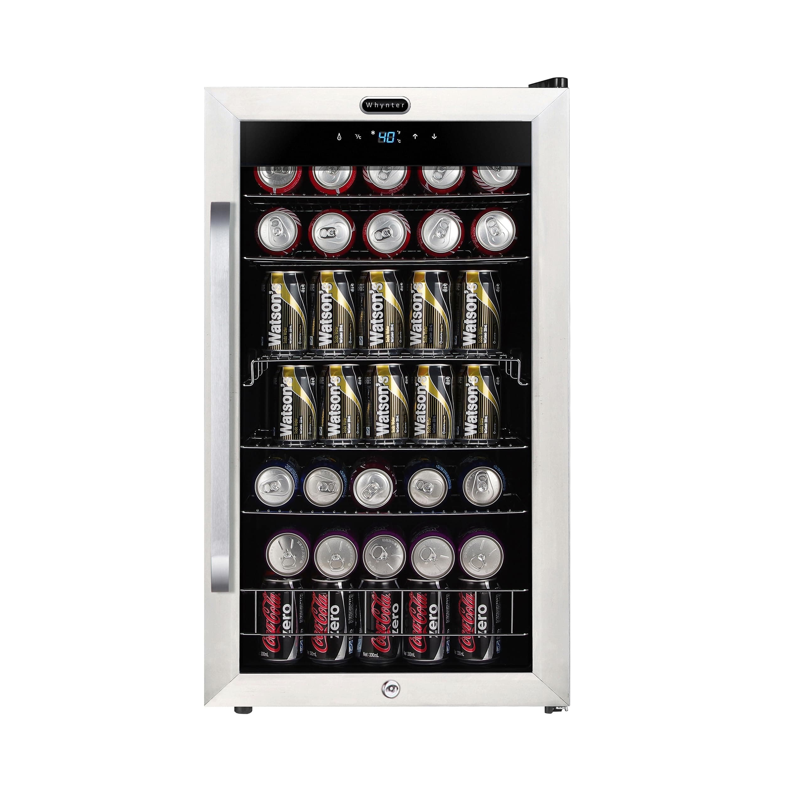 Beverage Refrigerator with Double-Layer Glass Door, 136-Can 3.4 Cu. Ft. Drink Mini Fridge with Lock & Digital Control, BR-1211DS, Stainless Steel