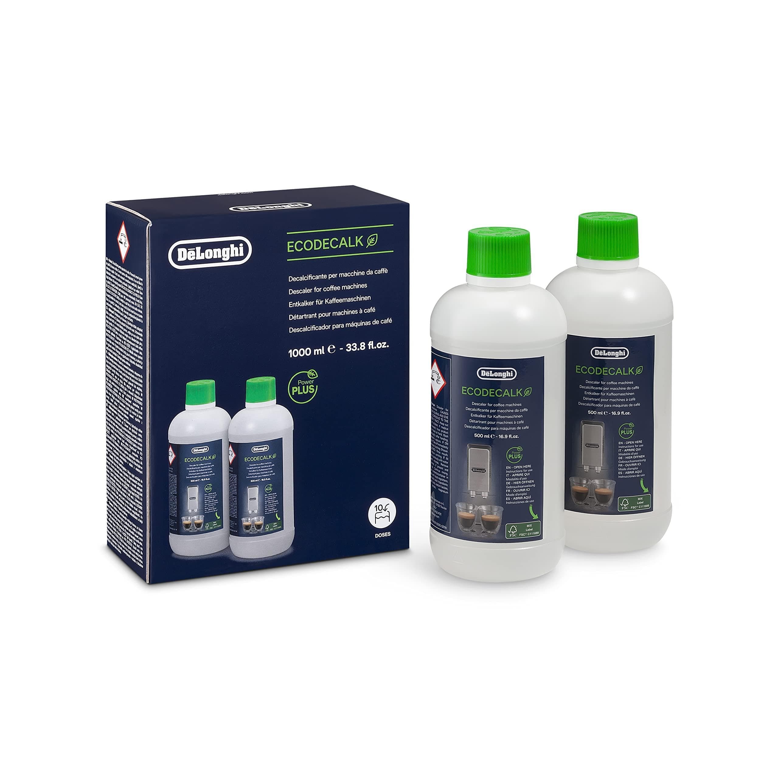De'Longhi Original EcoDecalk Descaler for Fully Automatic Coffee Machine and Coffee Makers, Universal Descaler for 10 Descaling Processes, DLSC500, 2 x 500 ml