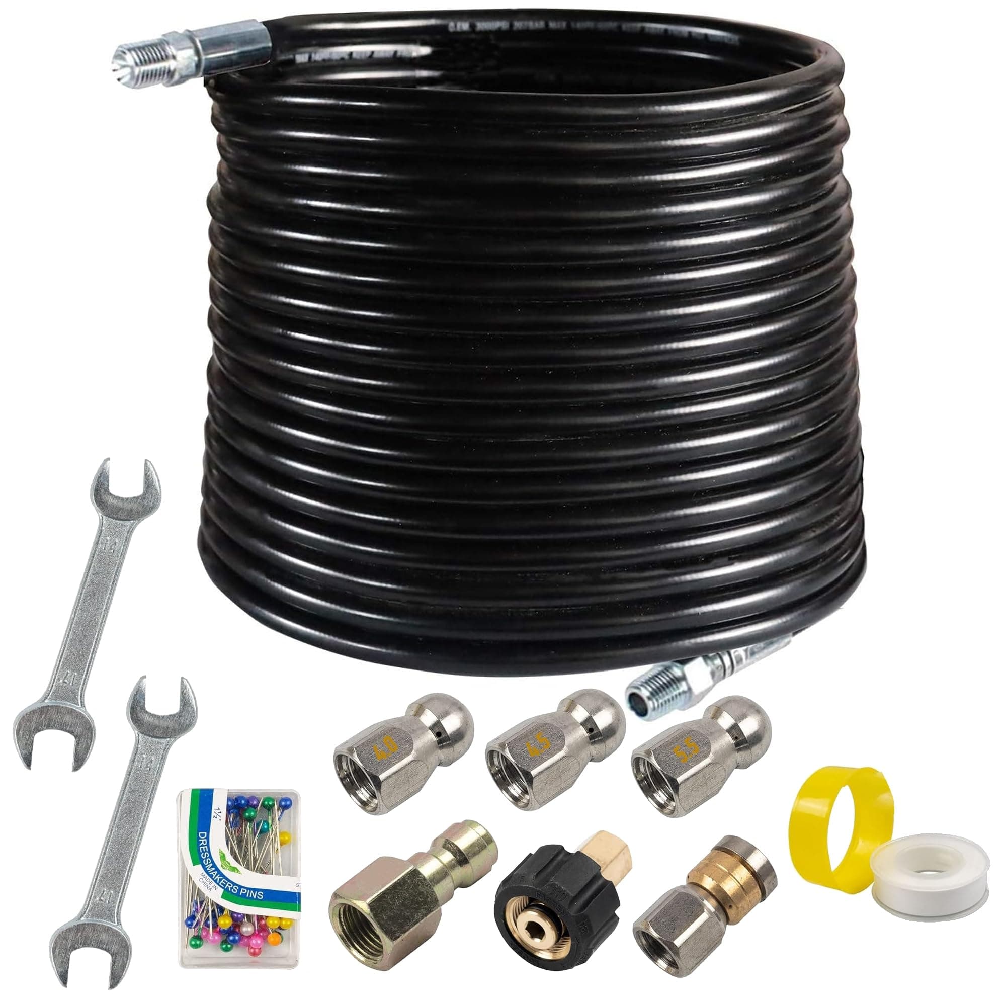 Xiny Tool Sewer Jetter Kit for Pressure Washer, 100 FT 1/4 Inch NPT Drain Cleaning Hose, Orifice 4.0 Button Nose and Rotating Sewer Jetting Nozzle, 4000 PSI