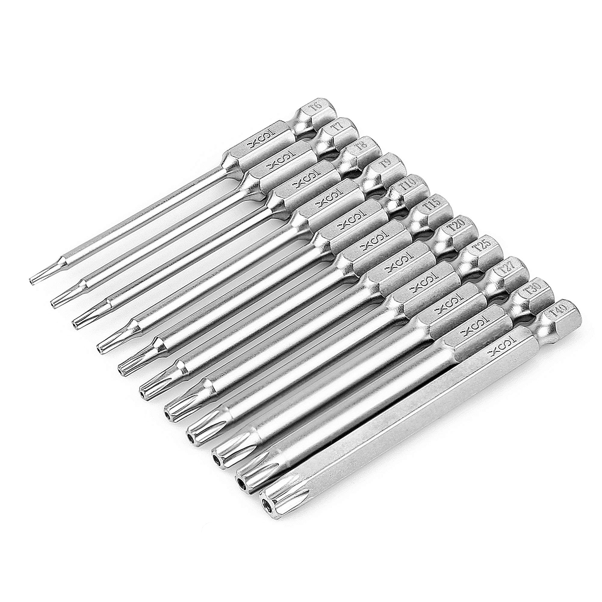 XOOL 11-Piece Torx Security Bit Set – 1/4" Hex Shank S2 Steel Magnetic Star Screwdriver Bits – 3" Length T6-T40, Compatible with Electric & Manual Screwdrivers