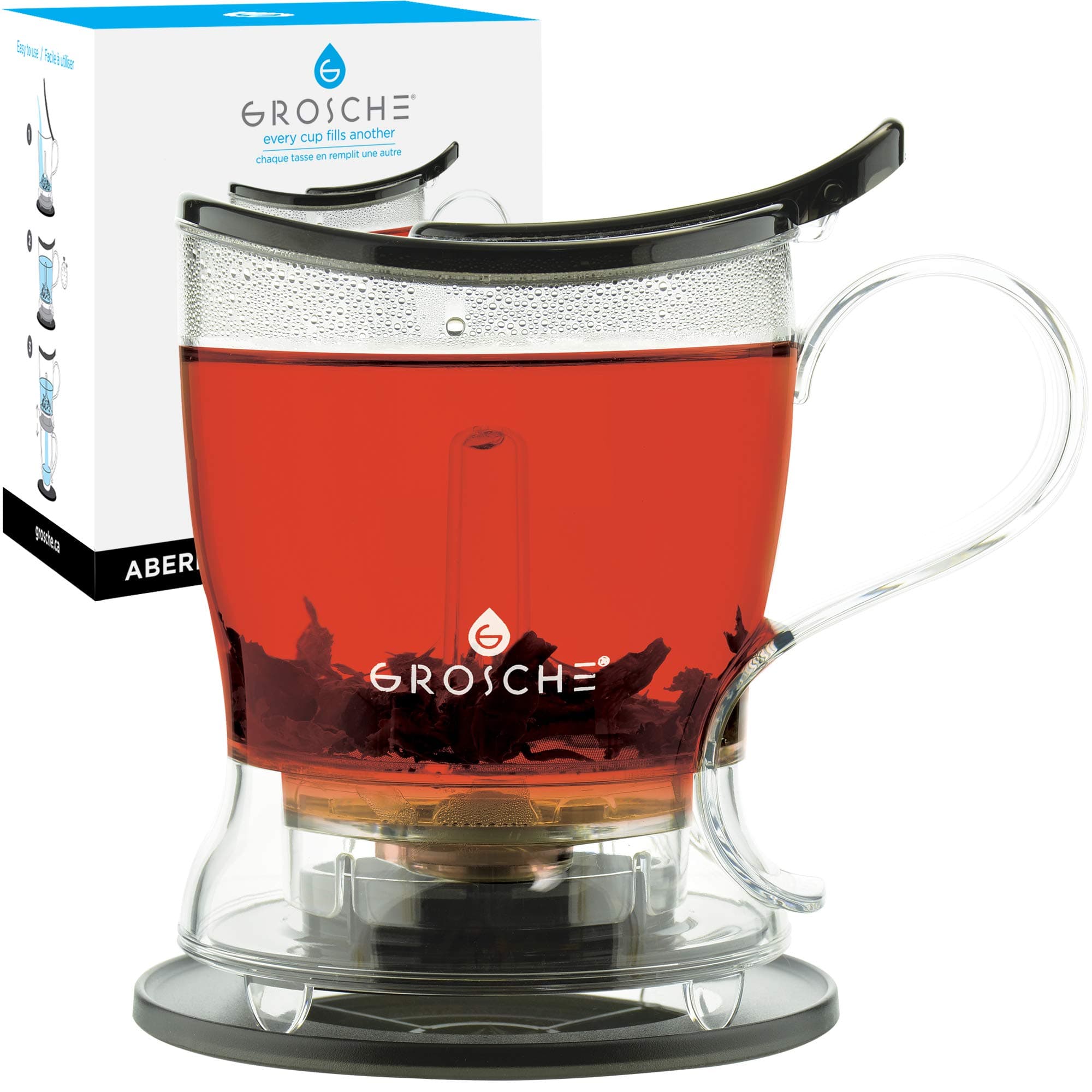 GROSCHE Aberdeen Tea Infuser Teapot & Smart Tea Maker - BPA-Free, Drip-Free Design | Coaster | Easy Brew | Easy Clean Steeper | Loose Leaf Brewing - Stylish Design | 17.7 oz - 525 ml - Black