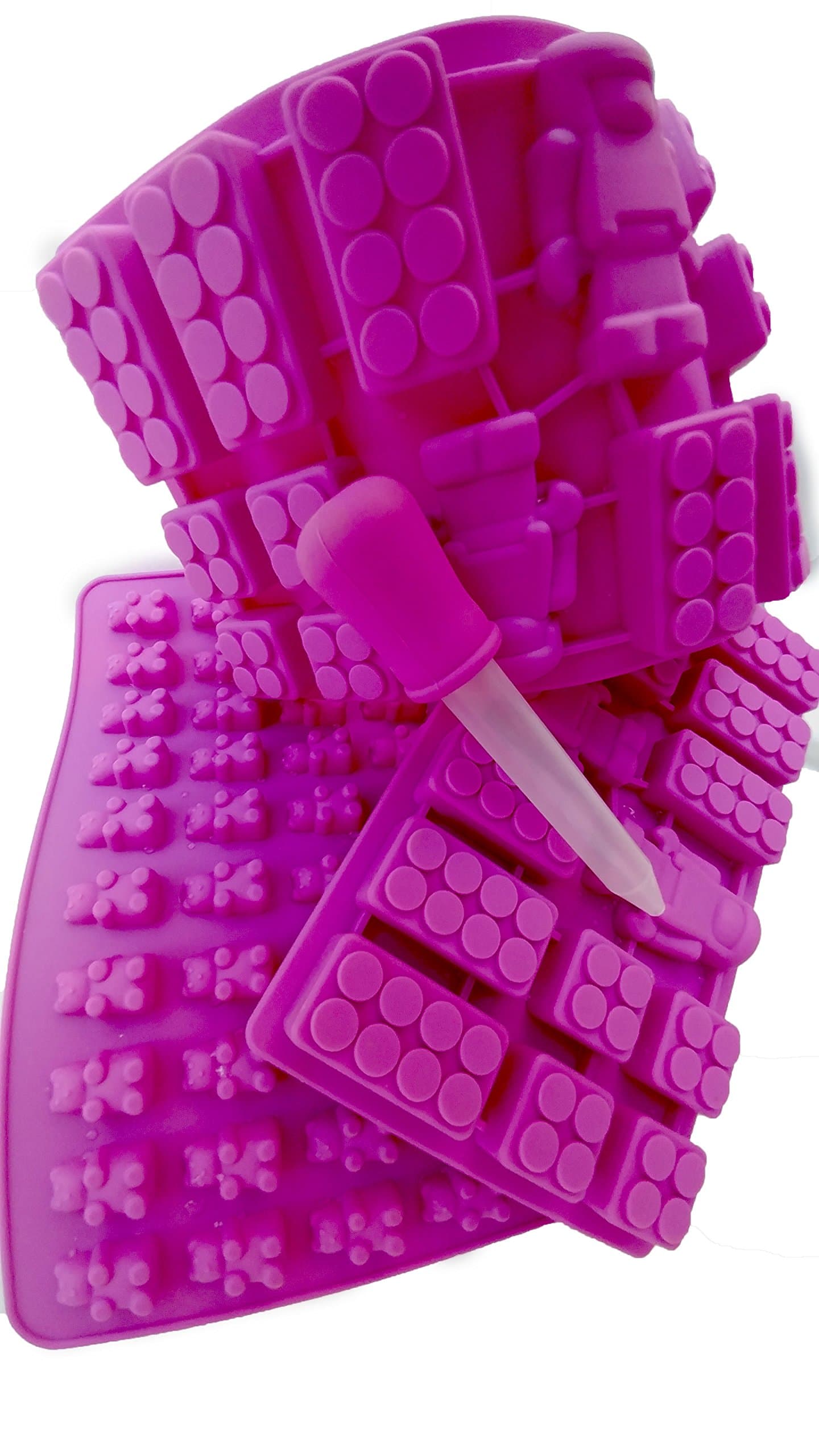 2 Pack Gummy Bears, Lego Like Bricks & Robot Molds, FREE Dropper for Candy or Ice Cubes, Parties, Halloween