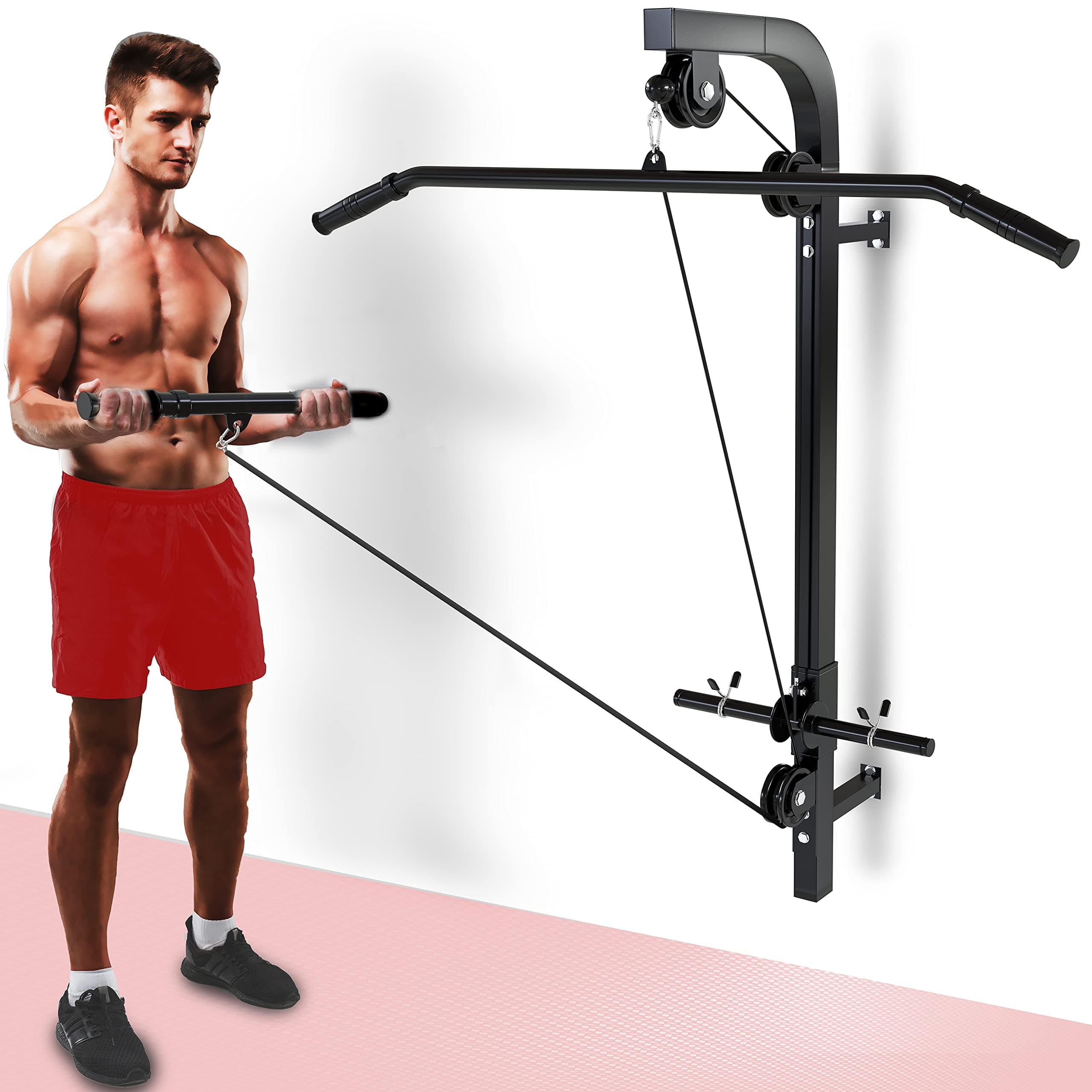 Senshi Japan Home Wall Mounted Cable Machine Pulley System | Multi Gym For Homes, Garage, Gyms, etc. | Lifts up 200KG | Comes With Lat Pull Down Bar and Straight Bicep Tricep Curl Bars