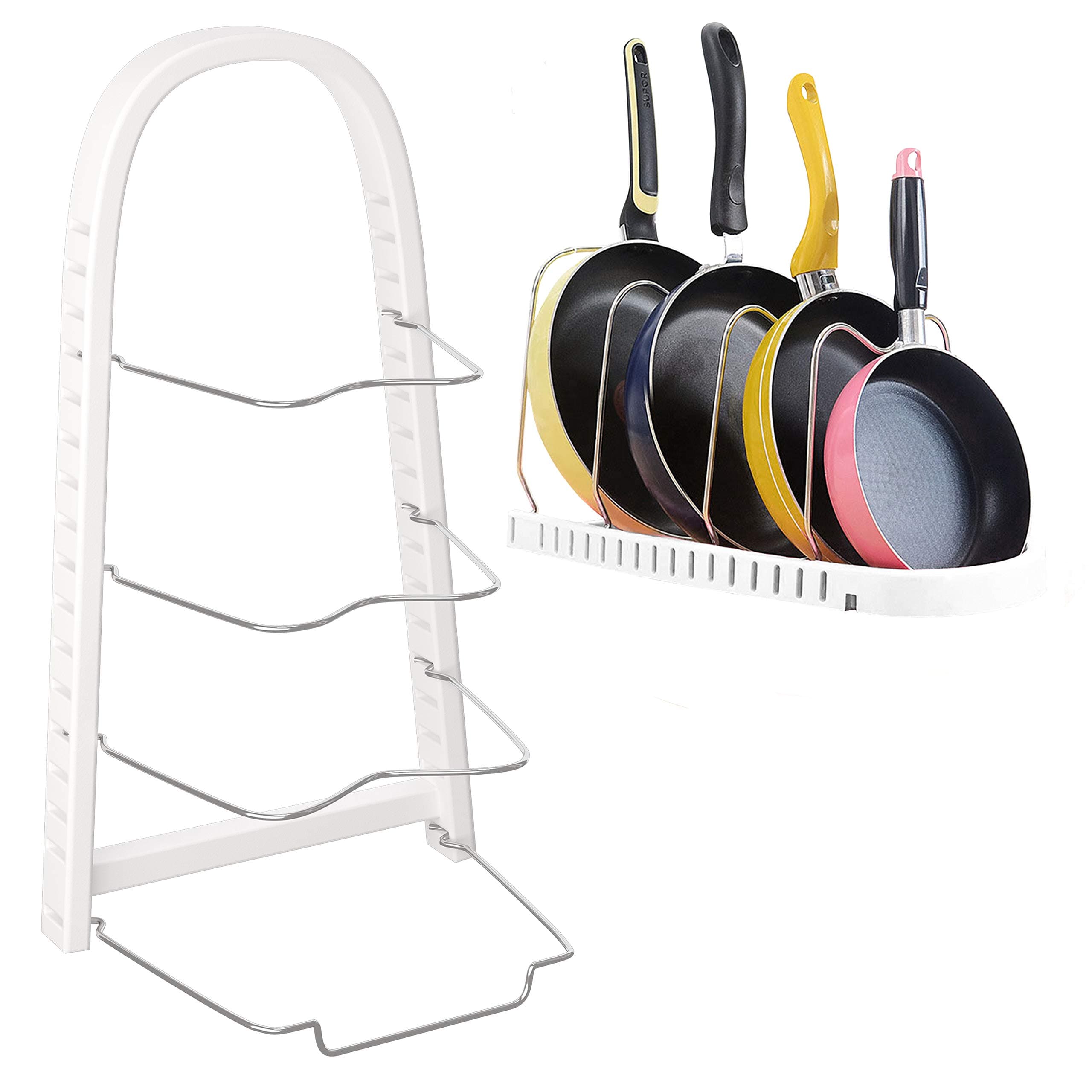 Pan Organizer Adjustable - Durable Lid Organizer - Expandable Pot Organizer Rack - Lid Holder - Vertical/Horizontal Pan Holder and Cookware Organizer - Pot Lid Organizer with Steel Dividers, White