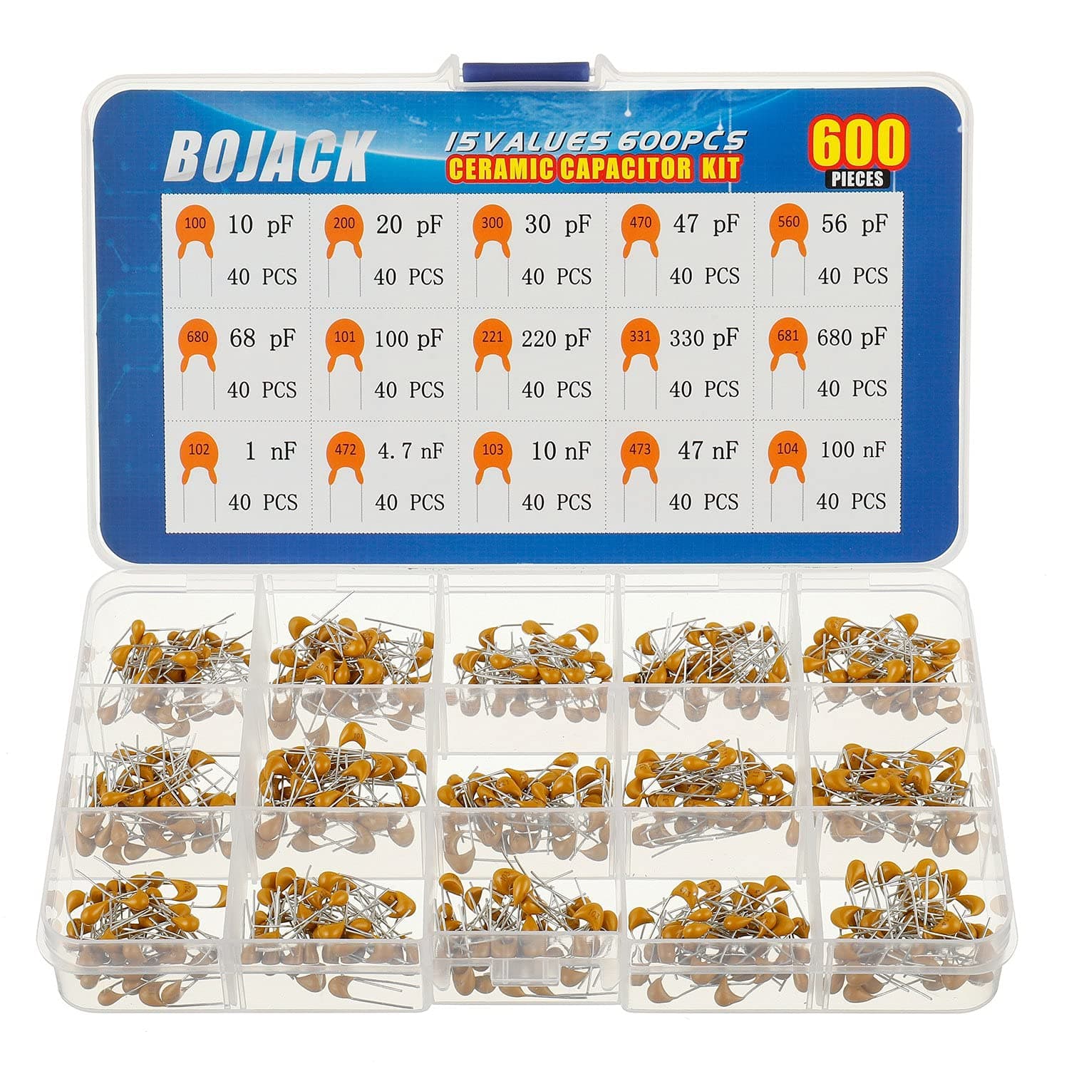 15 Values 600Pcs Ceramic Capacitor Assortment Kit Capacitors from 10pf to 100nF in a Box