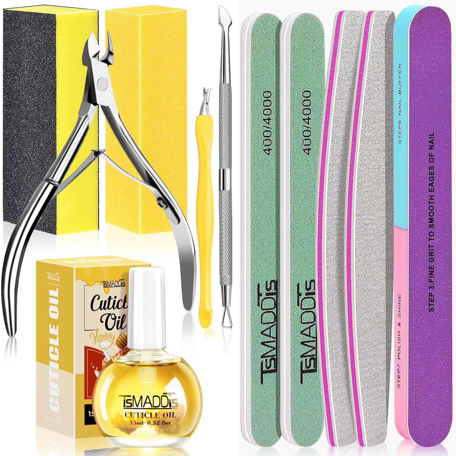 TsMADDTs Nail Buffers and Files Set with Buffer Blocks, Cuticle Trimmer, Pusher and Cuticle Oil, Nail Care Kit for Women