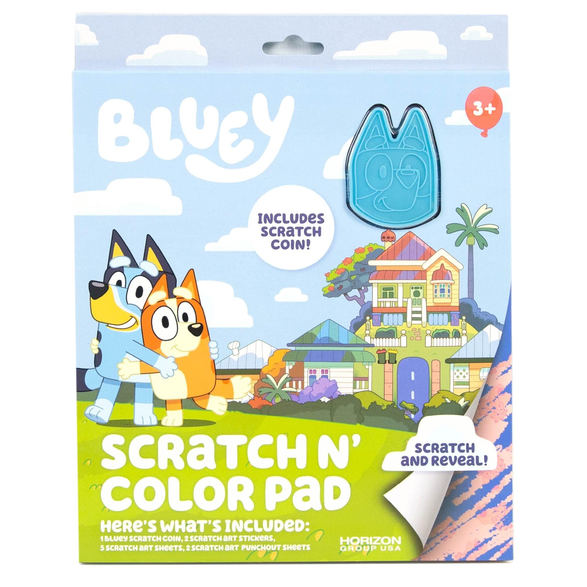 BLUEY Scratch ‘n Color Pad, 9-Page Activity Coloring Book, Includes Scratch Art, Stickers for Kids, Toys, On the Go Activity Playset, Toys for Toddlers 1-3, Great Gift for Kids Ages 3 & Up