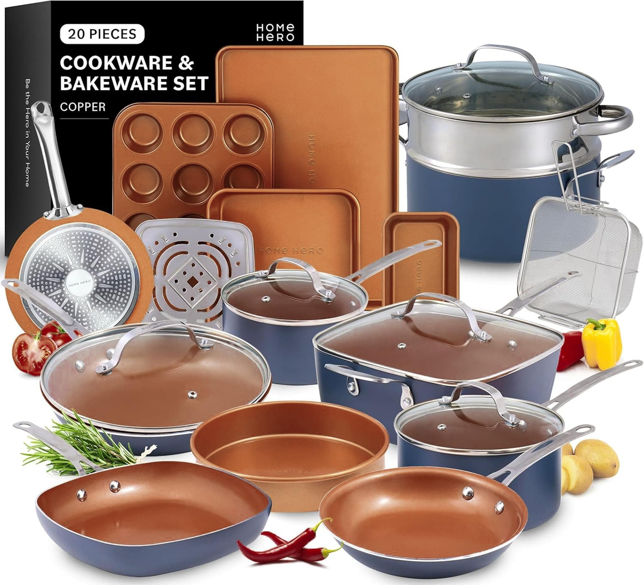 Home HeroPots and Pans Set Non Stick - Induction Compatible Kitchen Cookware Sets + Bakeware Sets - Non Stick, PFOA Free, Oven Safe Pot and Pan Set Nonstick (20 Pcs - Copper)