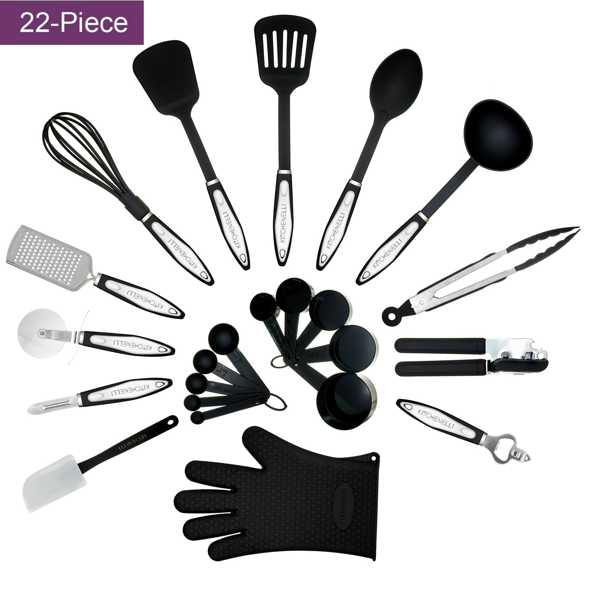 Kitchenelli Cooking Utensils Set - 22 Piece Premium Tool and Gadget Set Made of Lightweight Stainless Steel and Durable Black Nylon