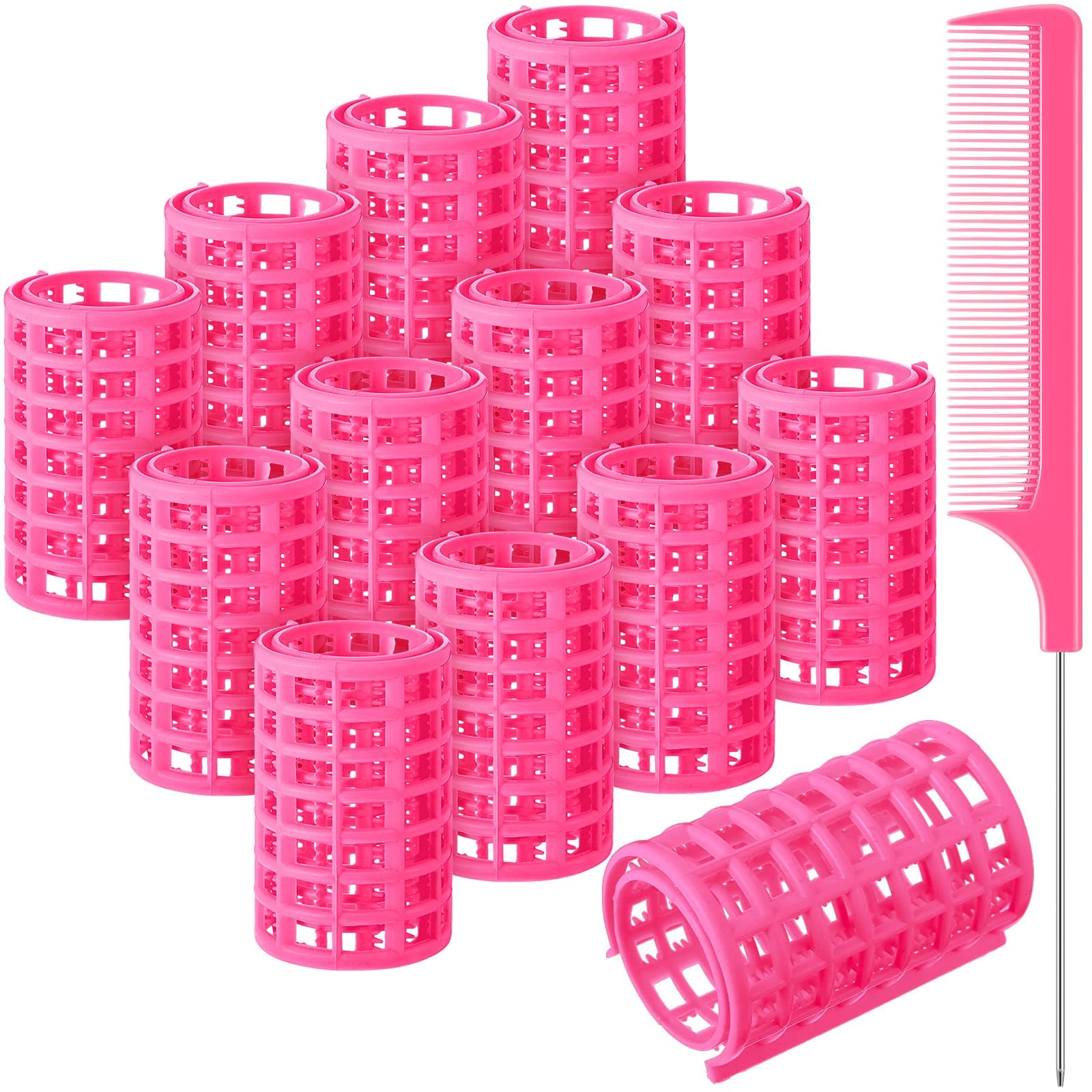 Syhood 12 Pieces Snap Hair Roller, Large Size Plastic Hair Rollers Hair Curlers with Rat Tail Comb for Long Hair Hairdressing Styling Tools(6.8 x 3.6 cm,Pink)