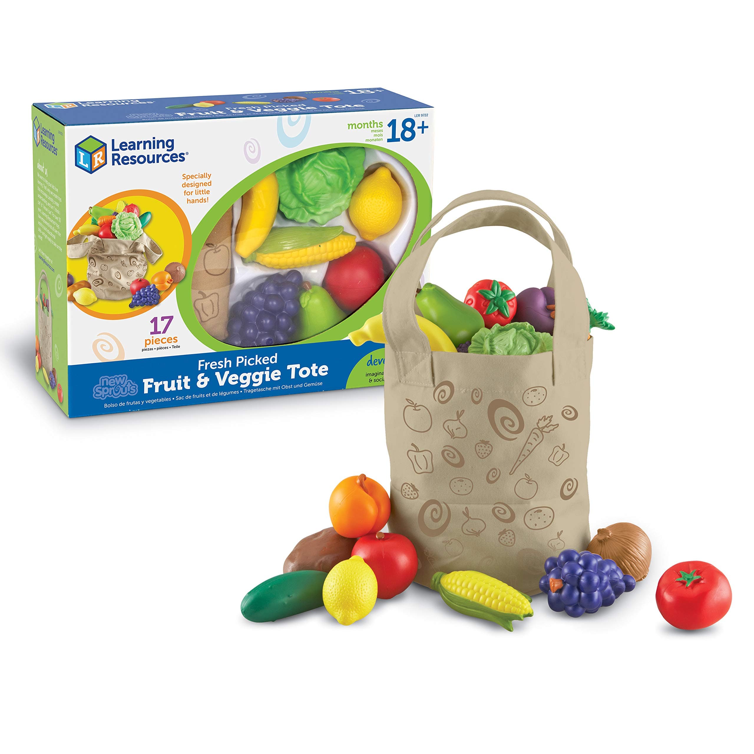 Fresh Picked Fruit & Veggie Tote, Pretend Play Food Set, 17 Piece, Ages 18+ months, Multicolor, LER9722, Fresh Picked Fruit And Veggie Tote, 17 Pieces, 8 L x 9 W in