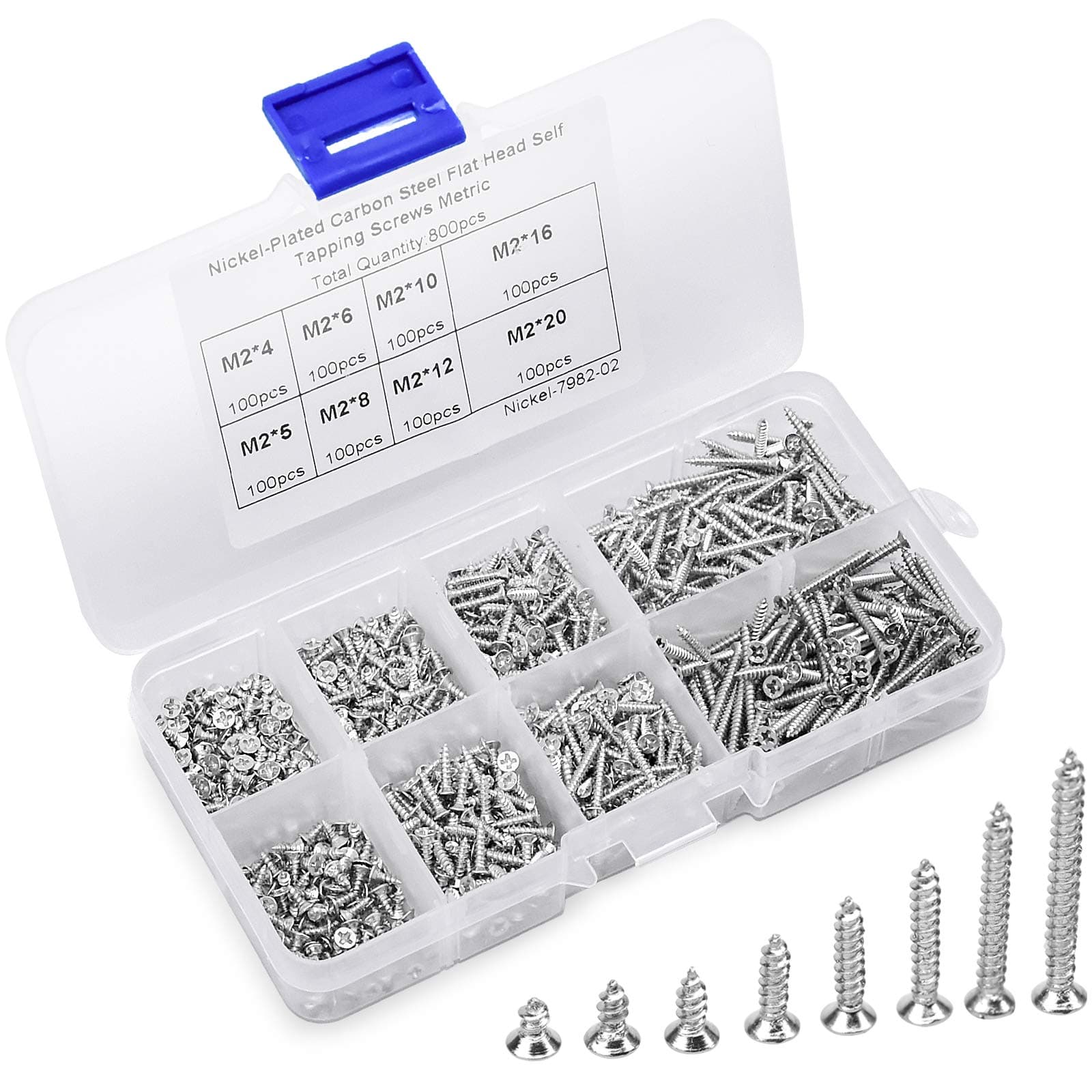 800 Pieces M2 Self Tapping Screw Kit 4mm 5mm 6mm 8mm 10mm 12mm 16mm 20 mm Small Wood Screw Carbon Steel Phillips Screw DIY Fasteners Screw Kit