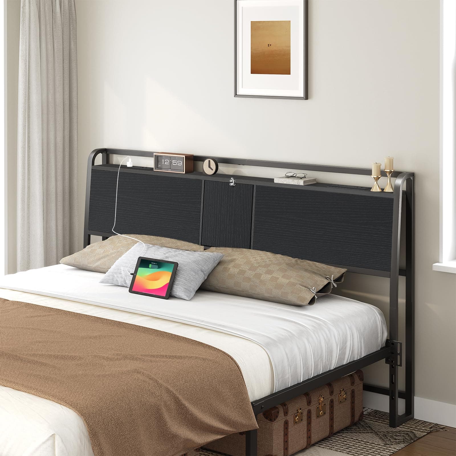 Headboard King Size, Headboard with 2 Power Strips, Industrial Head Board with Flip Door and Bed Frame Adapter, Height Adjustable, Black | with 2 Power Strips, with Flip Door