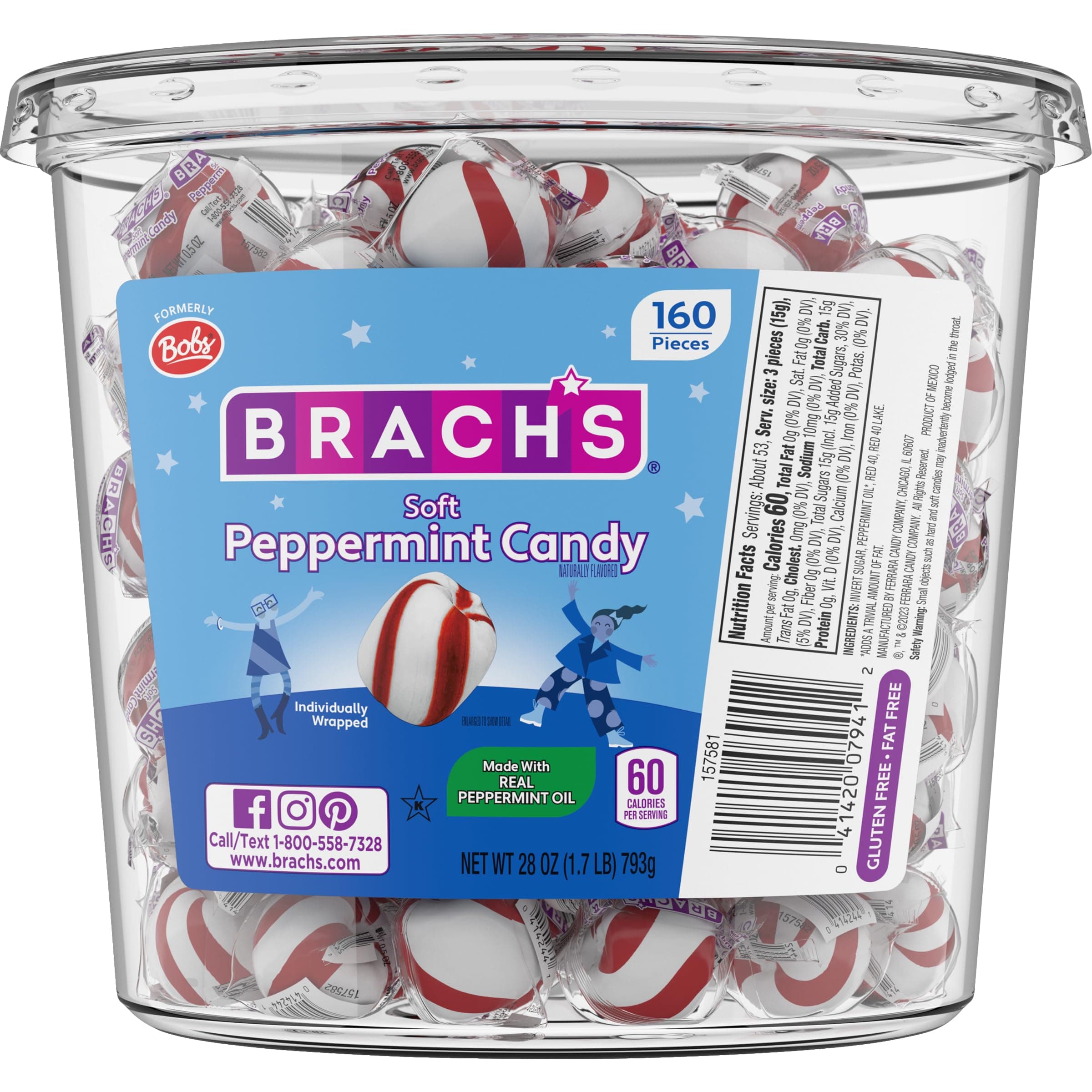Bobs Sweet Stripes Soft Peppermint Candy, 160 Individually-Wrapped Pieces, 28 Ounce Jar