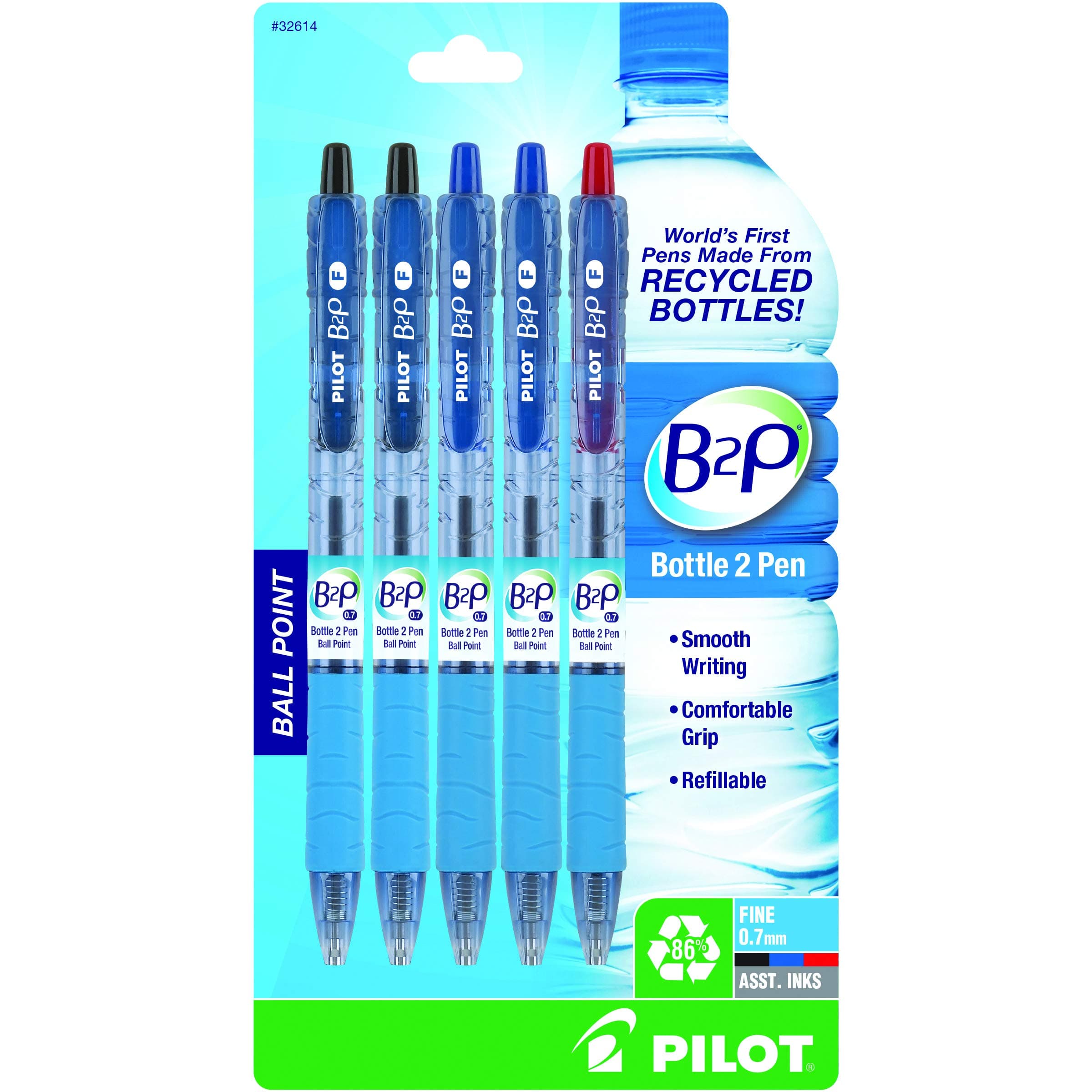 PILOT B2P - Bottle to Pen Refillable & Retractable Ball Point Pen Made From Recycled Bottles, Fine Point, 2 Black/2 Blue/1 Red Ink, 5-Pack (32614)