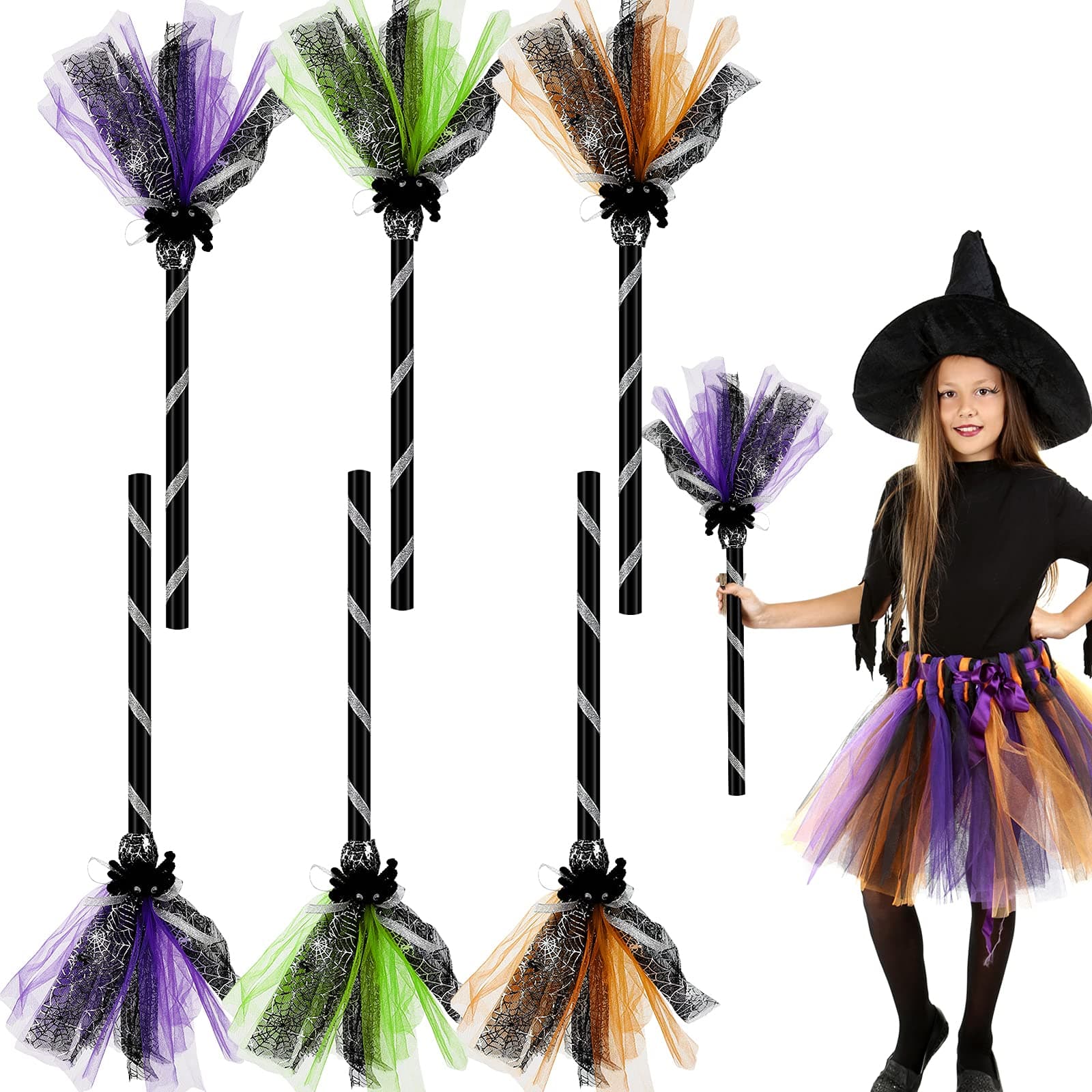 6 Pieces Halloween Witch Broom Plastic Witch Broomstick Witch Wizard Flying Felt Kids Cosplay Broom Props Costume Accessories for Halloween Party Cosplay Decoration 21.6 Inches