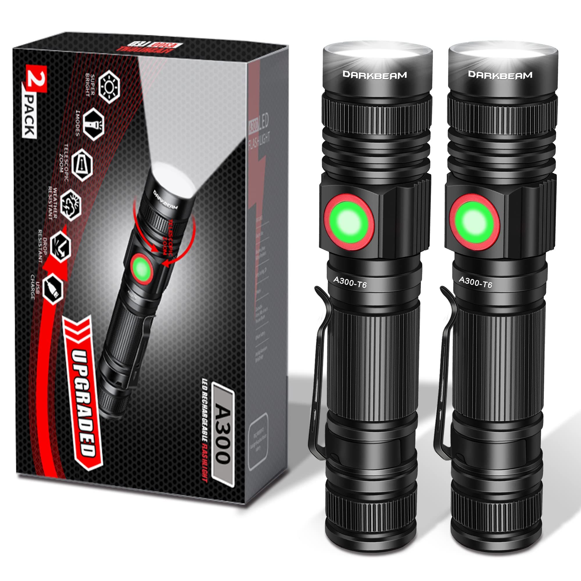 DARKBEAM LED Flashlight Rechargeable USB 1000 High Lumen Small Bright Pocket Flashlight Zoomable Waterproof Handheld Flashlight for Camping Outdoor Emergency with Battery with Clip 2 Pack