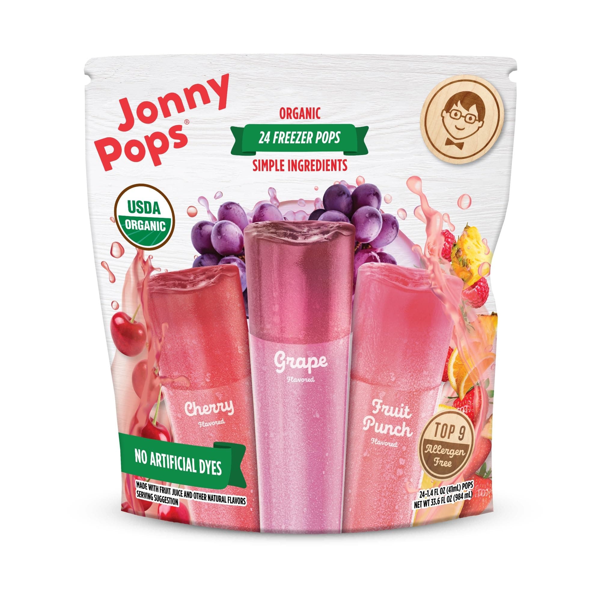 JonnyPops Organic Freezer Pops Variety Pack - Grape, Cherry, Fruit Punch - Top 8 Allergen Free, Vegan & Kosher (24 count – 1 Pack)