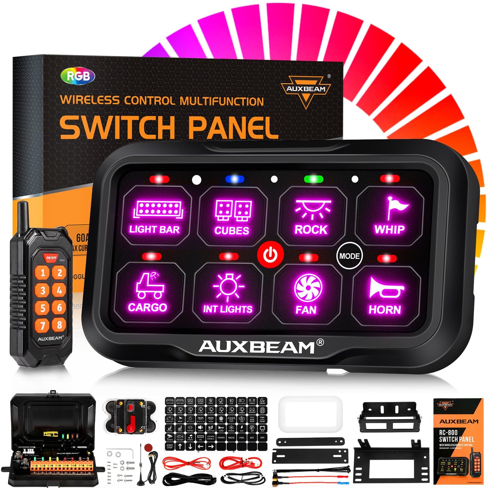 Auxbeam 8 Gang Switch Panel RC-800 RGB Wireless Remote Control Switch Pod Toggle Momentary Pulsed Switch Box with Backlit off and Auto Dimmable for Camper Offroad Car Truck Waterproof 2 Years Warranty