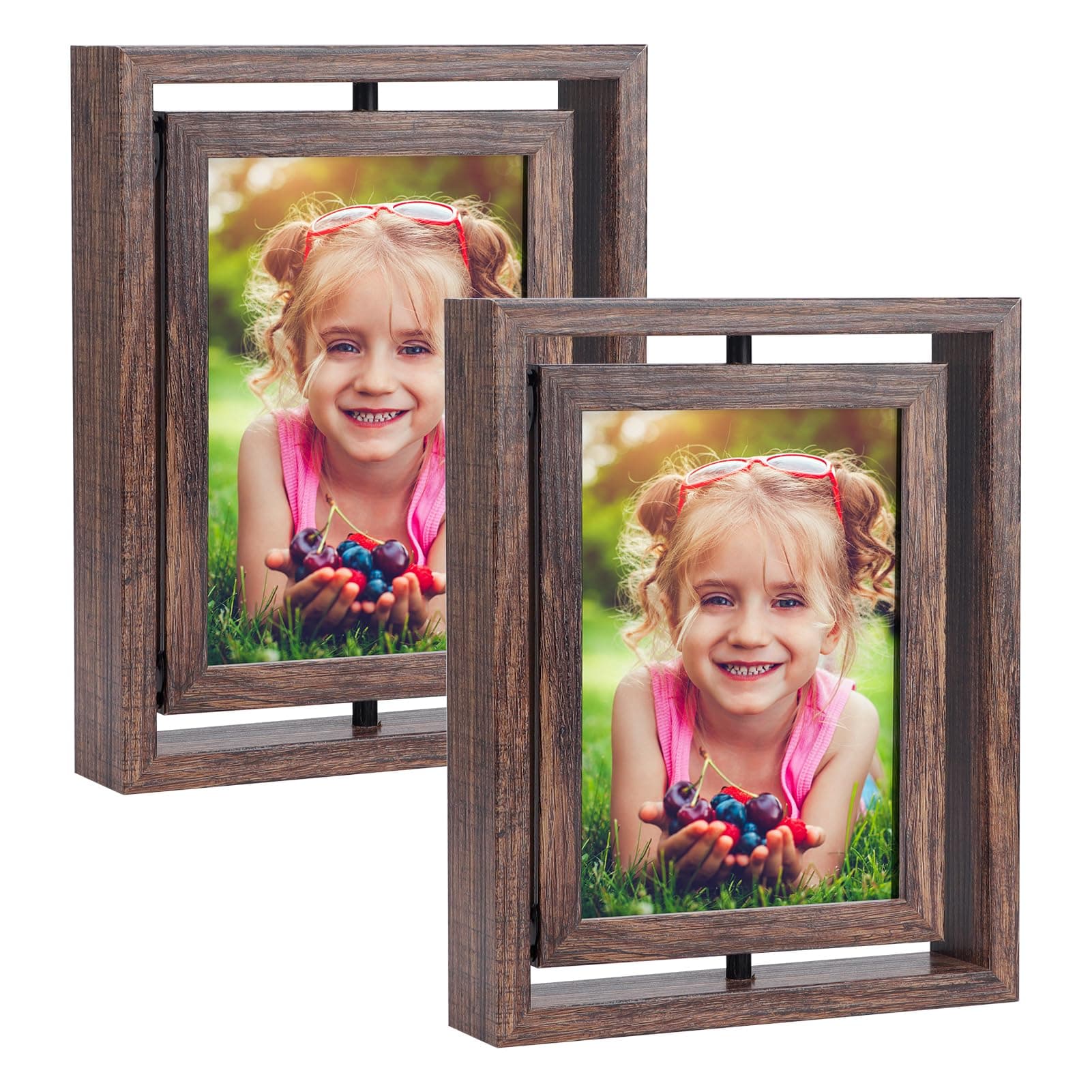 EXYGLO 2 Pack 5x7 Picture Frames Rotating Floating Photo Frame Wooden 2 Sided Frames for Vertical or Horizontal Tabletop Display