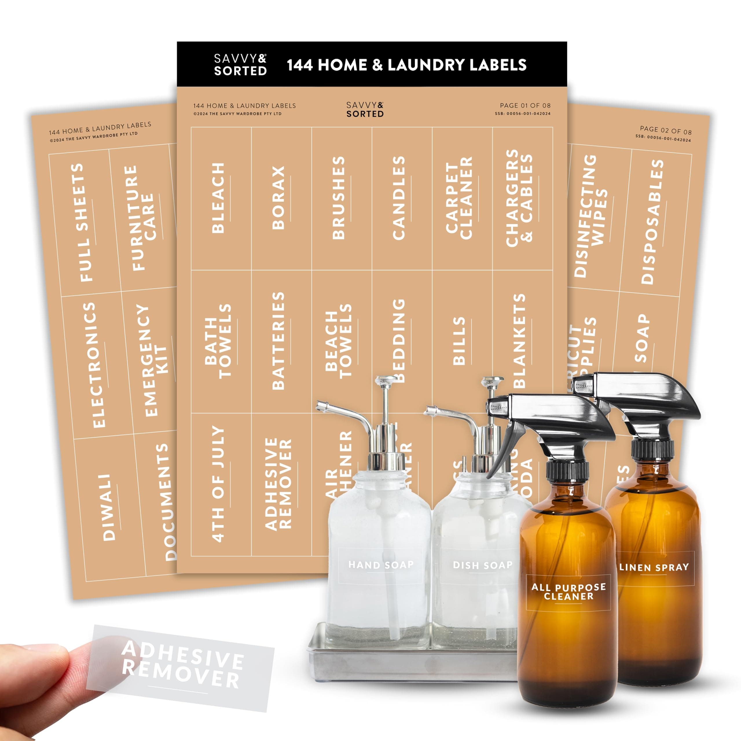 Laundry Labels for Jars, 144 Preprinted Home and Laundry Label Stickers for Storage Bins, Cleaning Jars, Spray Bottles, Linen Closet, Household Organization