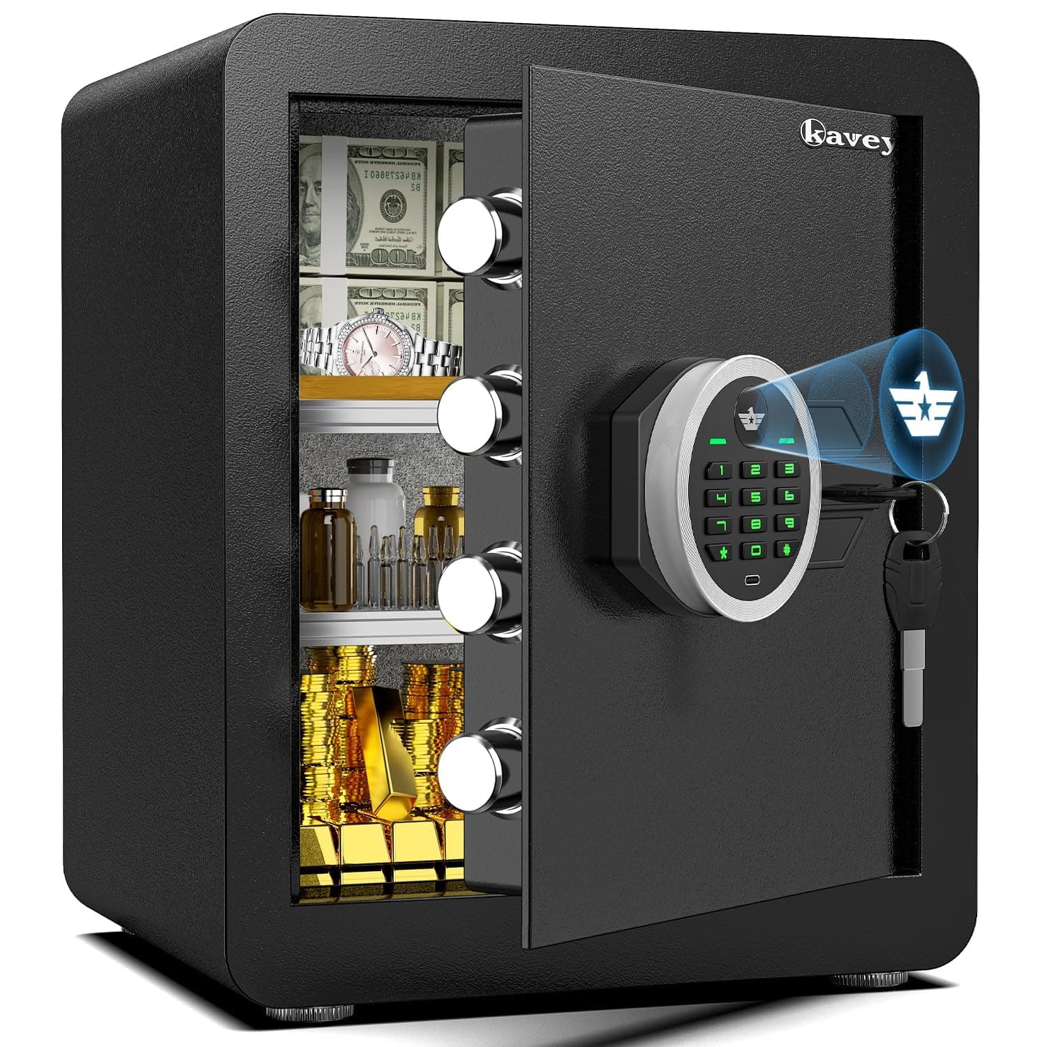 Kavey 2.0 Cub Safe Box Fireproof Waterproof, Home Safe with Digital Keypad and LED Light, Security Safes with Dual Alarm System and Mute Function, for Valuables and Documents