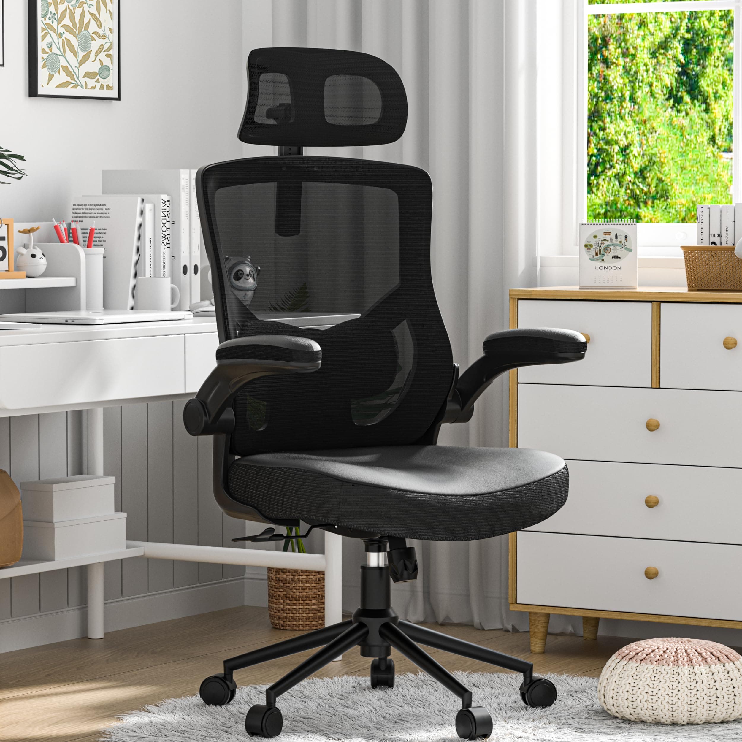CYKOV 𝑯𝑶𝑴𝑬 𝑶𝑭𝑭𝑰𝑪𝑬 𝑪𝑯𝑨𝑰𝑹, Ergonomic Mesh Desk Chair, High Back Computer Chair- Adjustable Headrest with Flip-Up Arms, Lumbar Support, Swivel Executive Task Chair (Modern, Black)