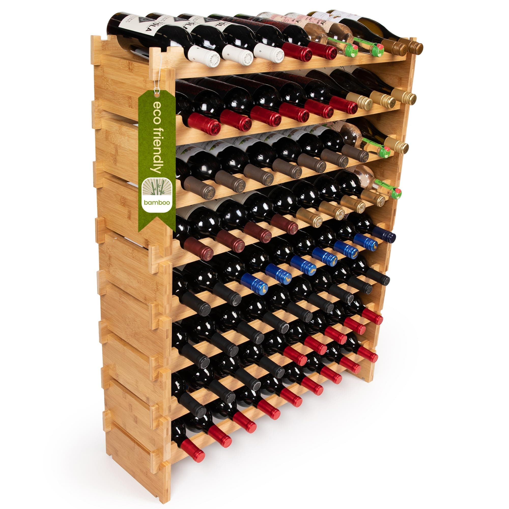 DECOMIL - 72 Bottle Stackable Modular Wine Rack Wine Storage Rack Solid Bamboo Wine Holder Display Shelves, Wobble-Free (Eight-Tier, 72 Bottle Capacity)