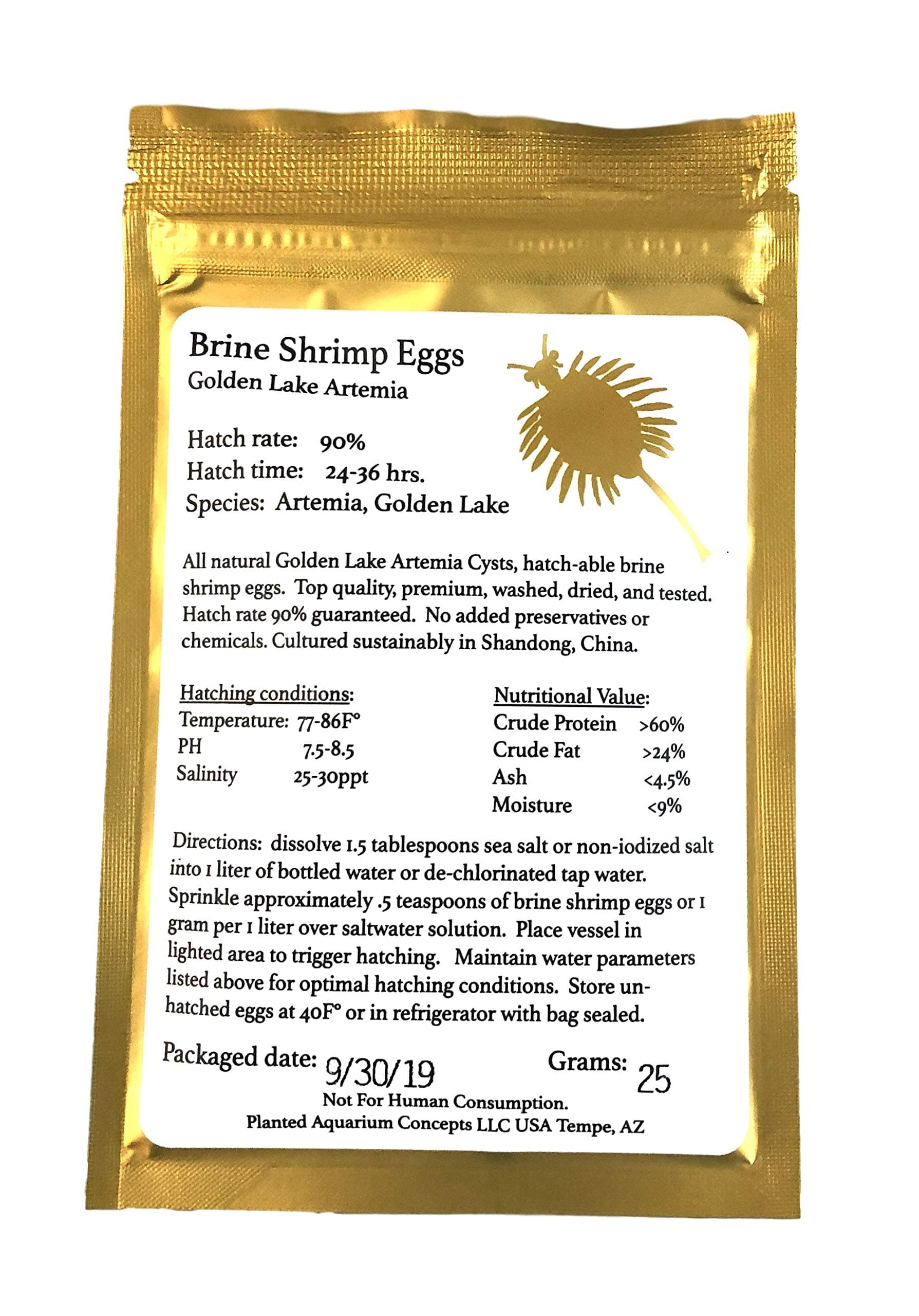 25 Grams Brine Shrimp Eggs, Limited Batch 2019 Fall Harvest, GSL Strain, 90% Hatching Artemia, Fresh Stock Tested Sep. 2019