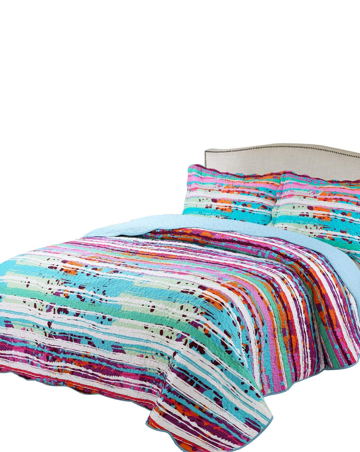 Printing Damask Quilt Set Queen Size Light Blue Danube (Size:90"x90") -3pcs Prewashed Coverlet Set-Lightweight Soft Microfiber