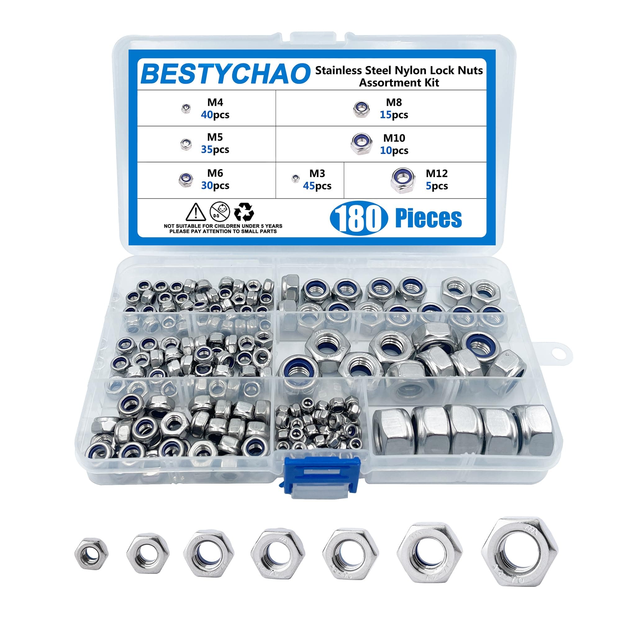 BESTYCHAO 180pcs Stainless Steel Nylon Lock Nuts Assortment Kit