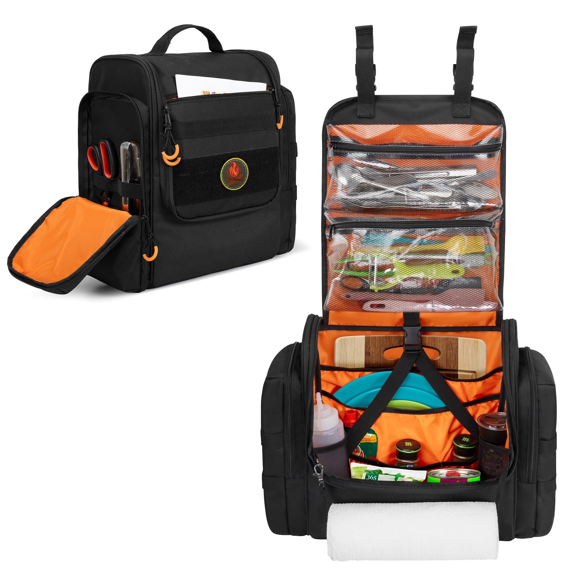 Large Tactical Camping Kitchen Organizer, Hanging Cookware Storage Bag with Paper Towel Holder & Multi Pockets, Portable Camp Utensil Organizer for BBQ Cooking Essentials, Black, Bag Only