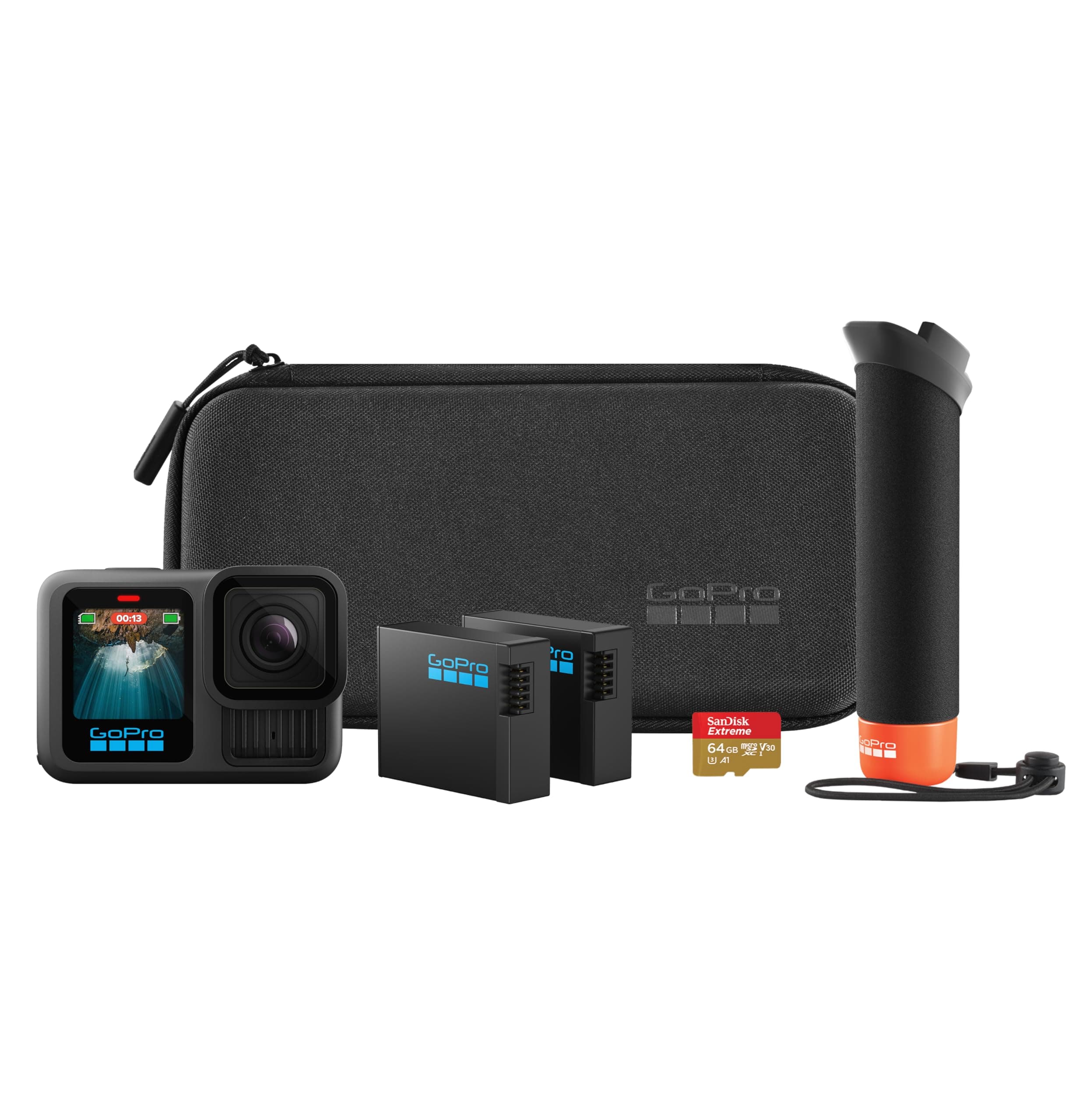 HERO13 Black Accessory Bundle - Includes The Handler (Floating Hand Grip), 2 Enduro Batteries, 2 Curved Adhesive Mounts, 64GB SanDisk MicroSD Card, Carrying Case, and more