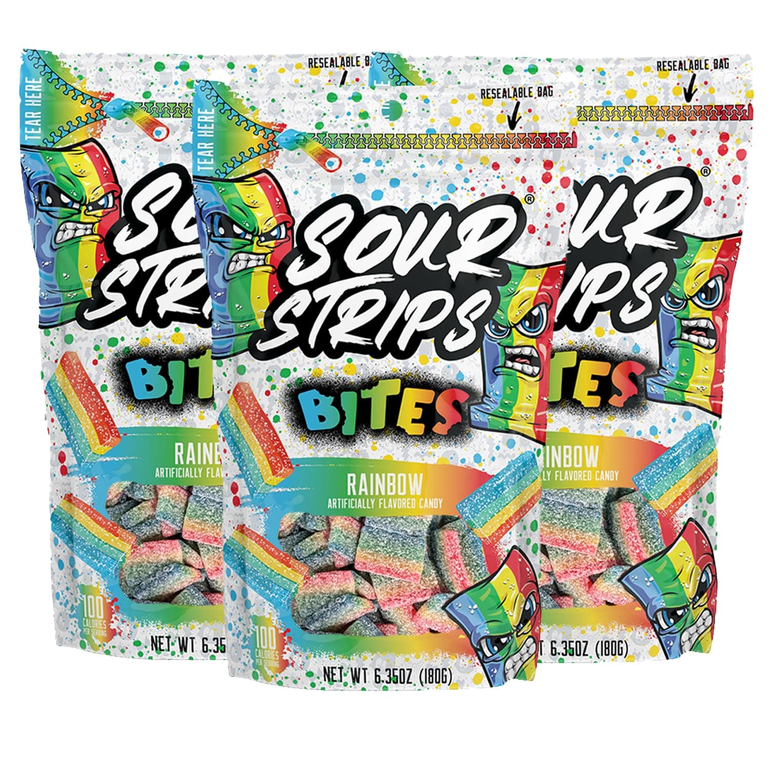 Sour Strips Sour Candy Bites, Rainbow Resealable Candy Bag, 6.35 Ounce (Pack of 3)