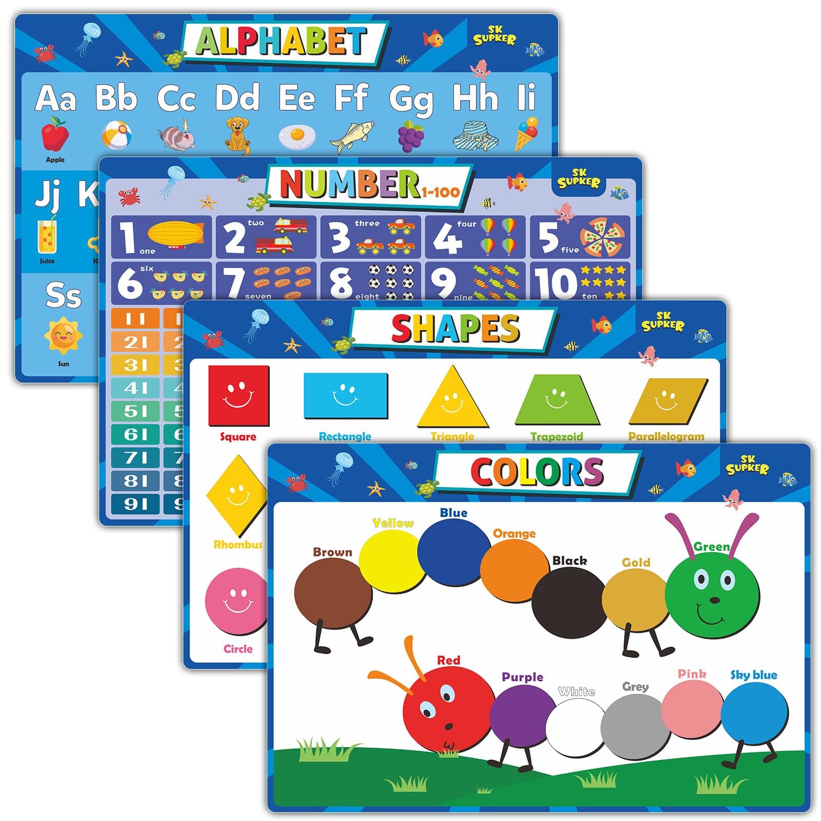 SK SUPKER 4 Pack ABC Alphabet Chart + Numbers 1-100 + Shapes + Colors Poster ...