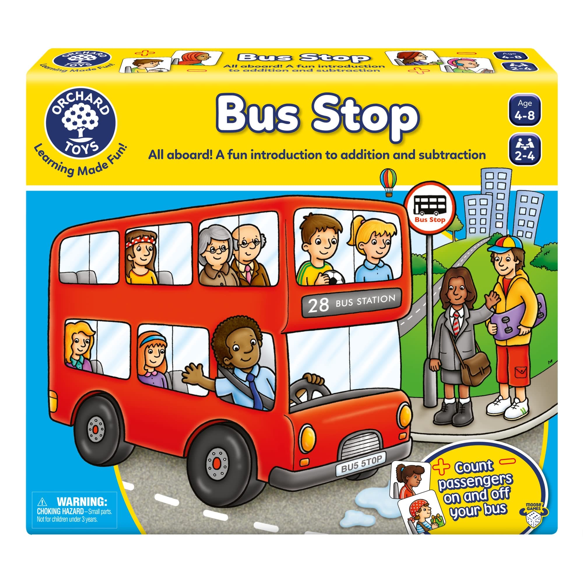 Moose Games Bus Stop Game. A Fun Introduction to Addition and Subtraction. Pick up and Drop Off Passengers on Your Bus. for Ages 4-8 and for 2-4 Players